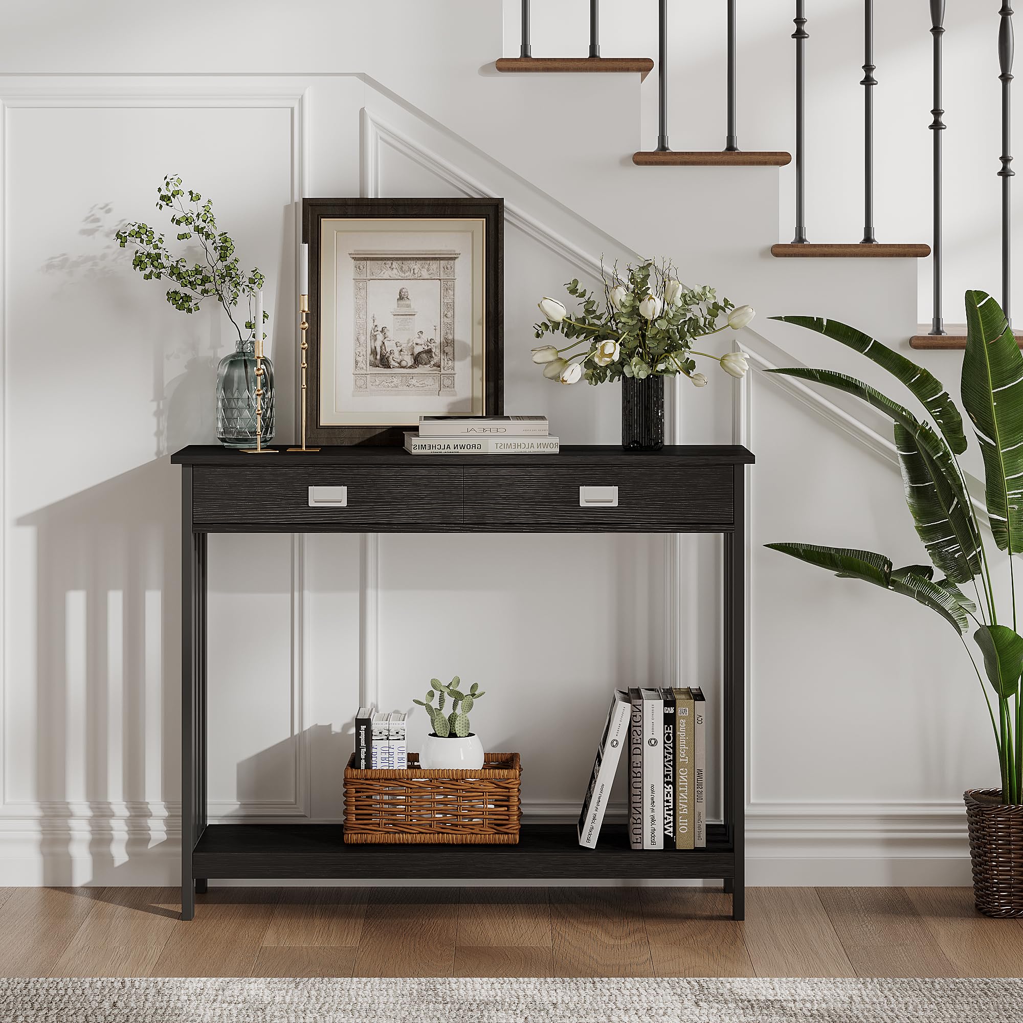 ChooChoo 39" Black Entryway Table with Drawer, Narrow Console Table with Storage Shelf, Sofa Table for Living Room, Entryway, and Hallway - Image 5
