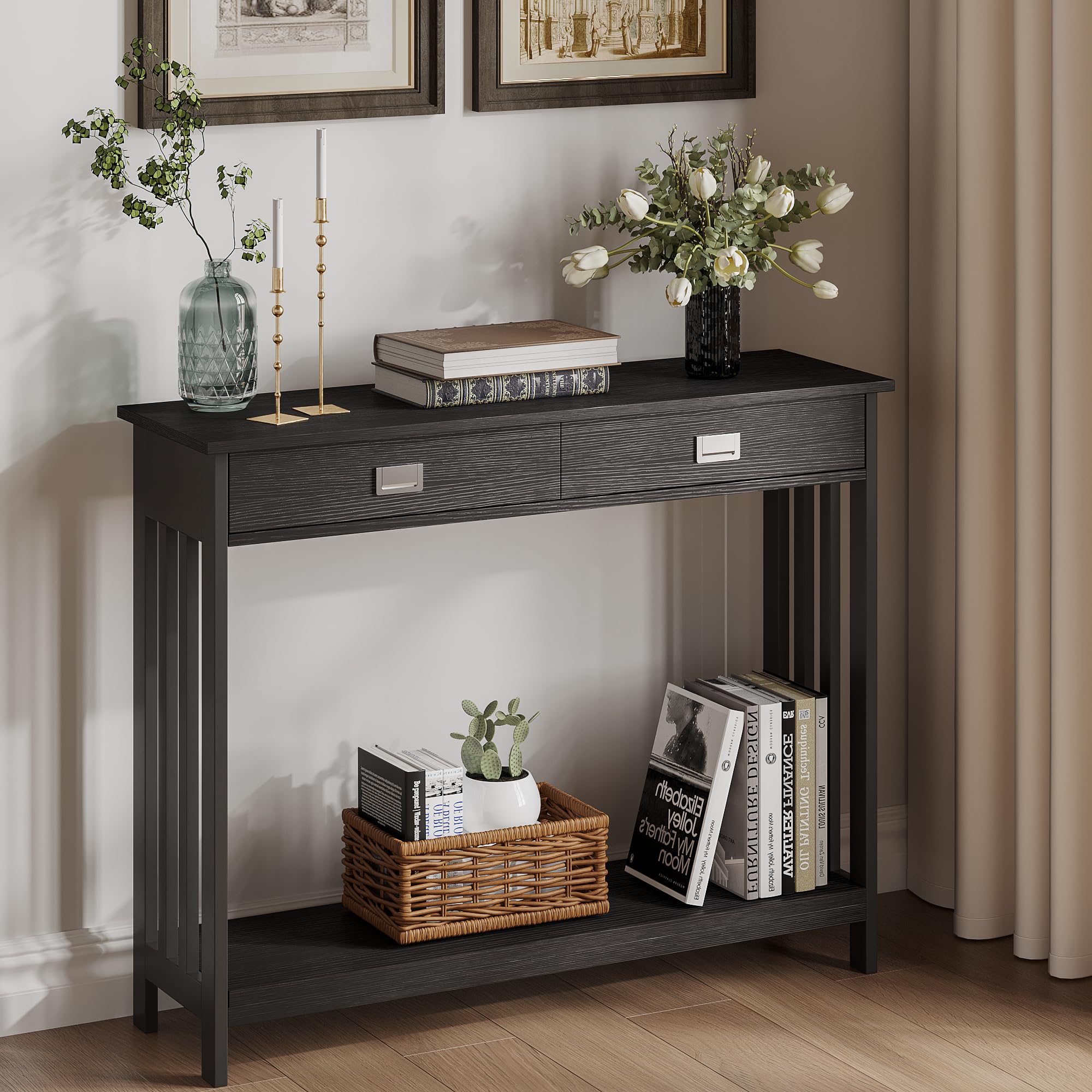ChooChoo 39" Black Entryway Table with Drawer, Narrow Console Table with Storage Shelf, Sofa Table for Living Room, Entryway, and Hallway - Image 6