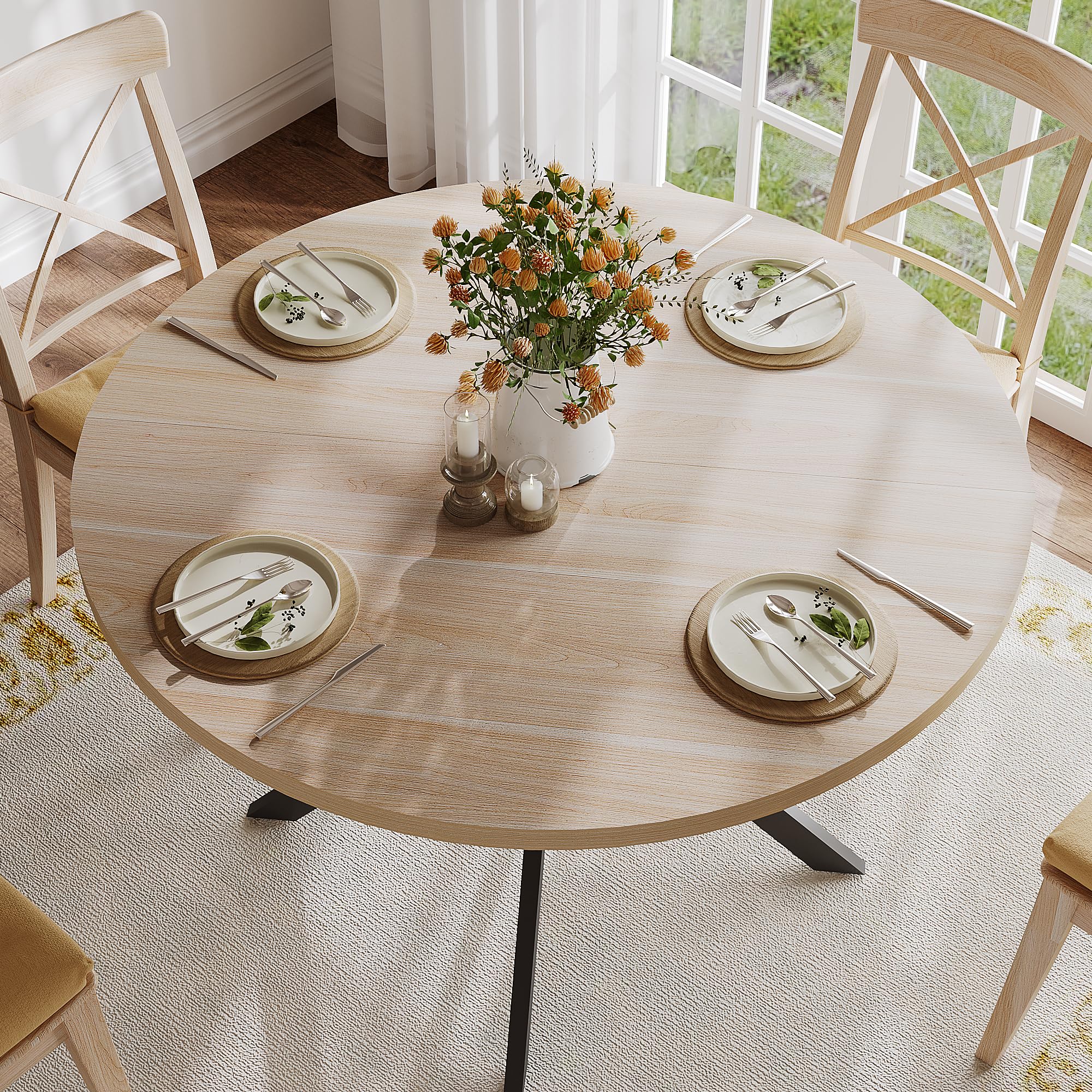 ChooChoo 47.2 Inch Round Dining Table for 4, Farmhouse Wood Kitchen Table, Circle Dinner Table for Kitchen & Dining Room, Natural Oak - Image 3
