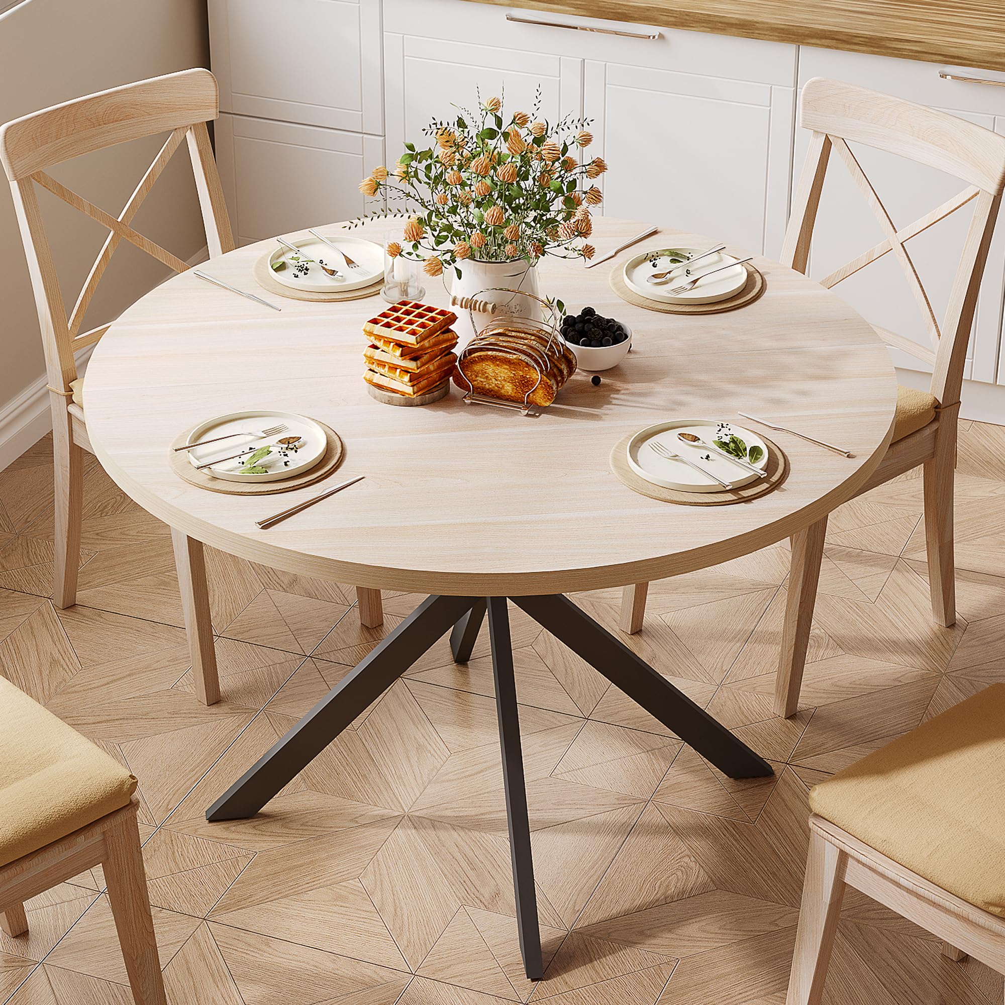 ChooChoo 47.2 Inch Round Dining Table for 4, Farmhouse Wood Kitchen Table, Circle Dinner Table for Kitchen & Dining Room, Natural Oak - Image 4