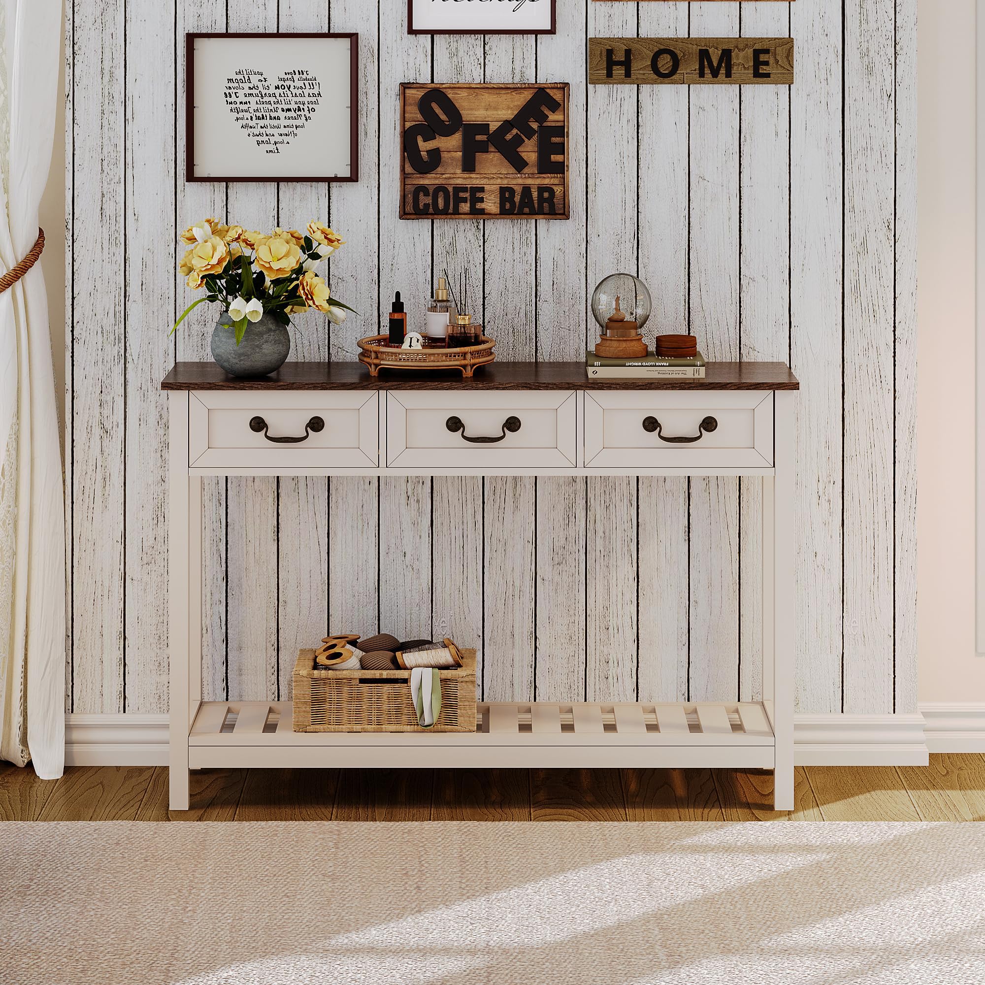 ChooChoo 47" Farmhouse Console Table with 3 Drawers, Rustic Entryway Table, Narrow Long Sofa Table for Living Room, Hallway, Behind Couch, Soft White and Brown - Image 5