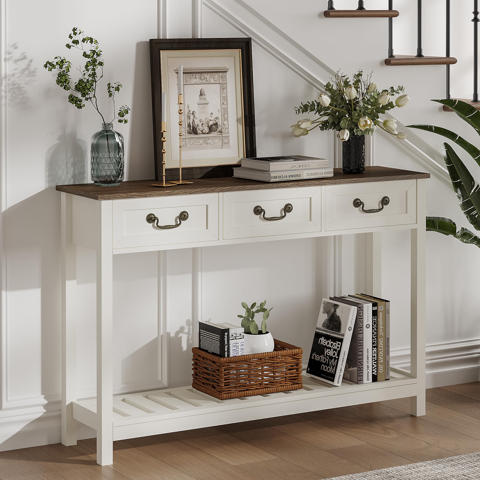 ChooChoo 47" Farmhouse Console Table with 3 Drawers, Rustic Entryway Table, Narrow Long Sofa Table for Living Room, Hallway, Behind Couch, Soft White and Brown - Image 6