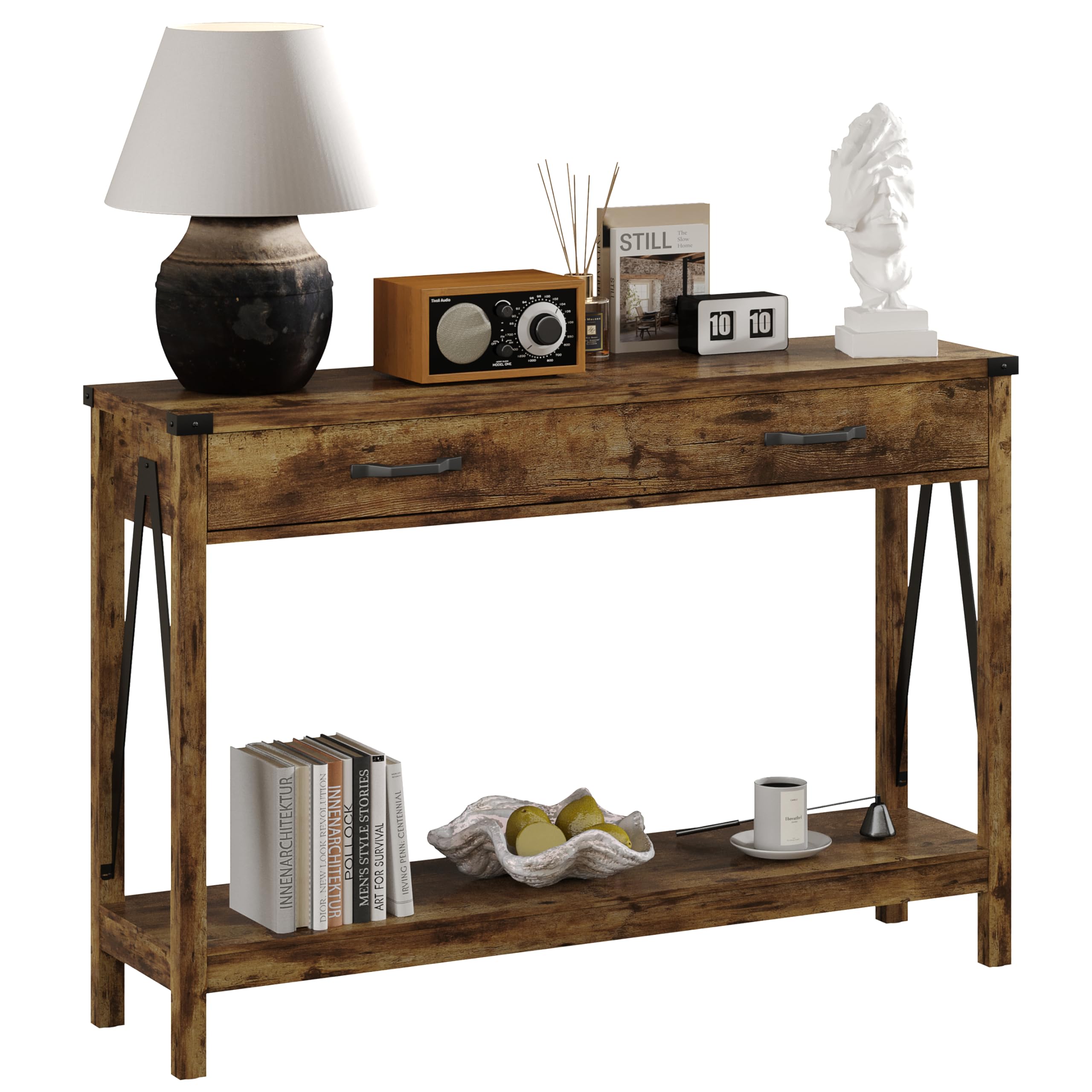 ChooChoo 47'' Farmhouse Console Table with Drawer, Entryway Table with Storage Shelf, Rustic A-Design Sofa Table for Hallway, Entrance, Living Room, Rustic Brown - Image 8