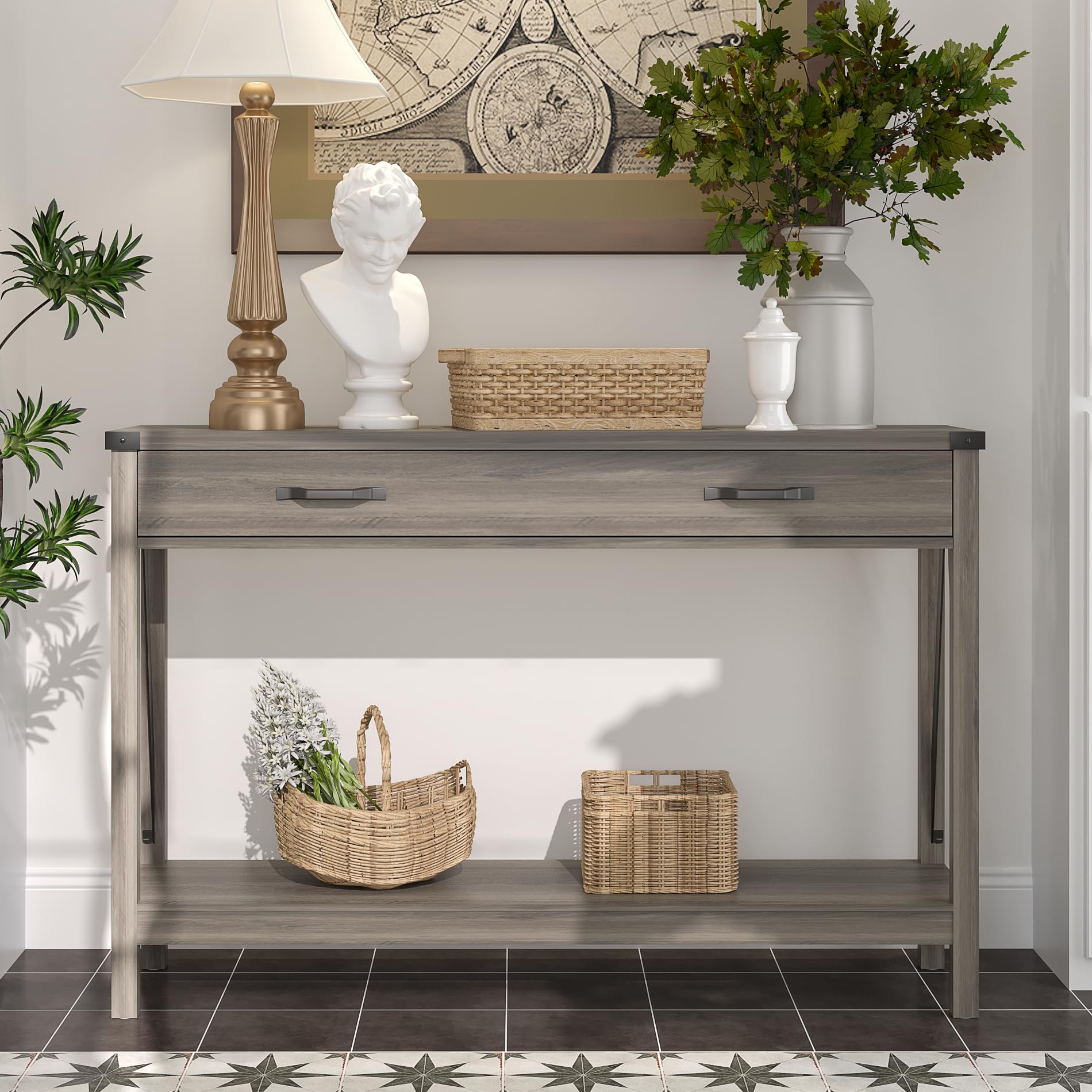 ChooChoo 47'' Farmhouse Console Table with Drawer, Entryway Table with Storage Shelf, Rustic A-Design Sofa Table for Hallway, Entrance, Living Room, Grey - Image 4
