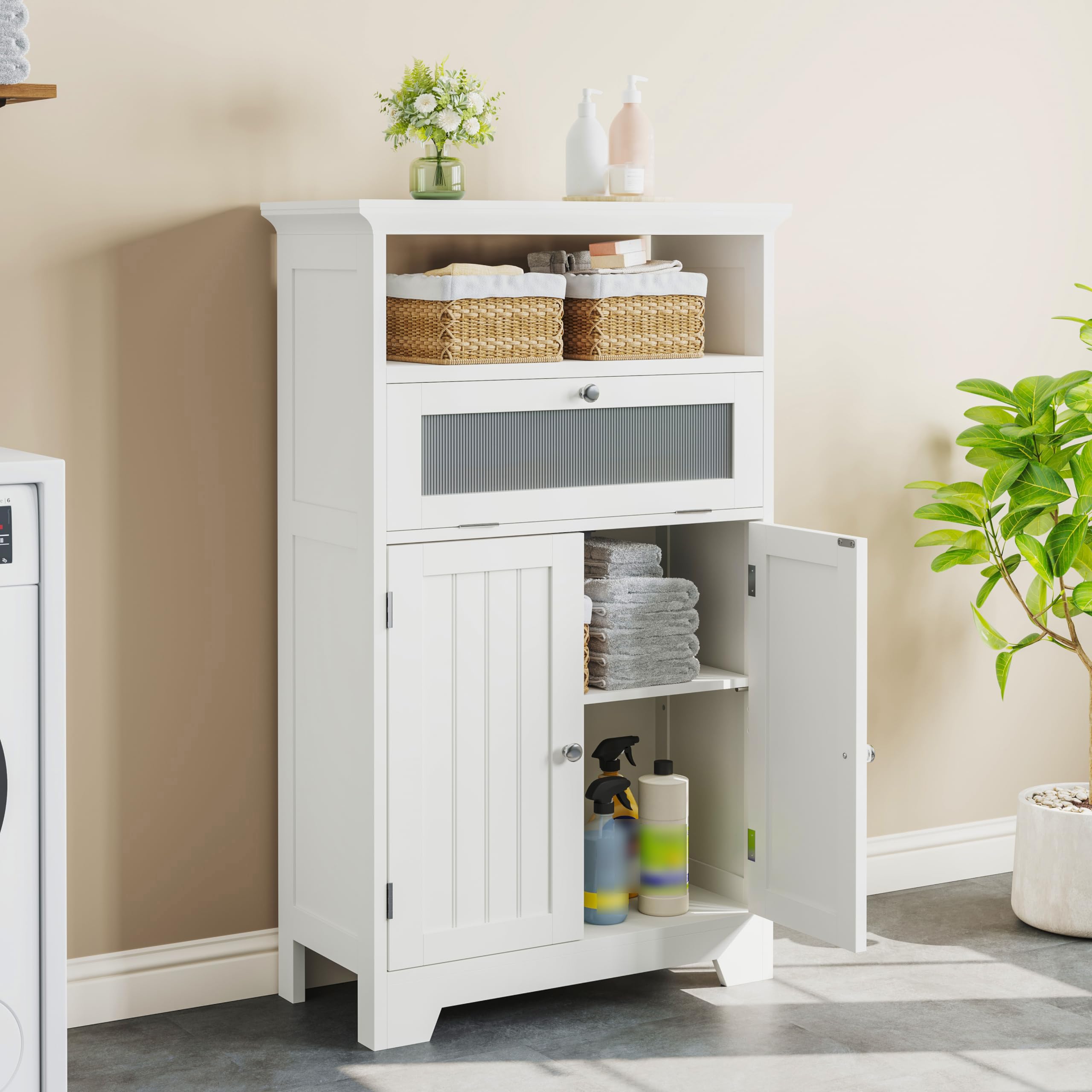 ChooChoo Bathroom Floor Storage Cabinet with Flip Glass Drawer, Freestanding with 2 Doors, Adjustable Shelf & Open Storage for Living Room, Hallway, White - Image 3