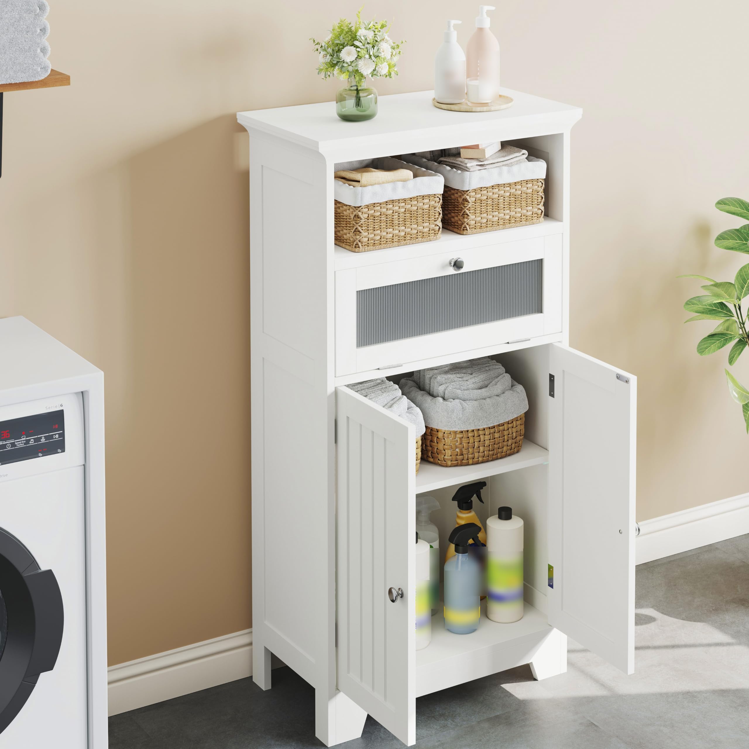ChooChoo Bathroom Floor Storage Cabinet with Flip Glass Drawer, Freestanding with 2 Doors, Adjustable Shelf & Open Storage for Living Room, Hallway, White - Image 5