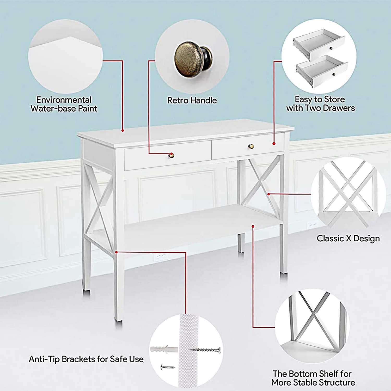 ChooChoo Console Table with Drawers, Narrow Wood Accent Sofa Table Entryway Table with Storage Shelf for Entryway, Front Hall, Hallway, Living Room, White - Image 5