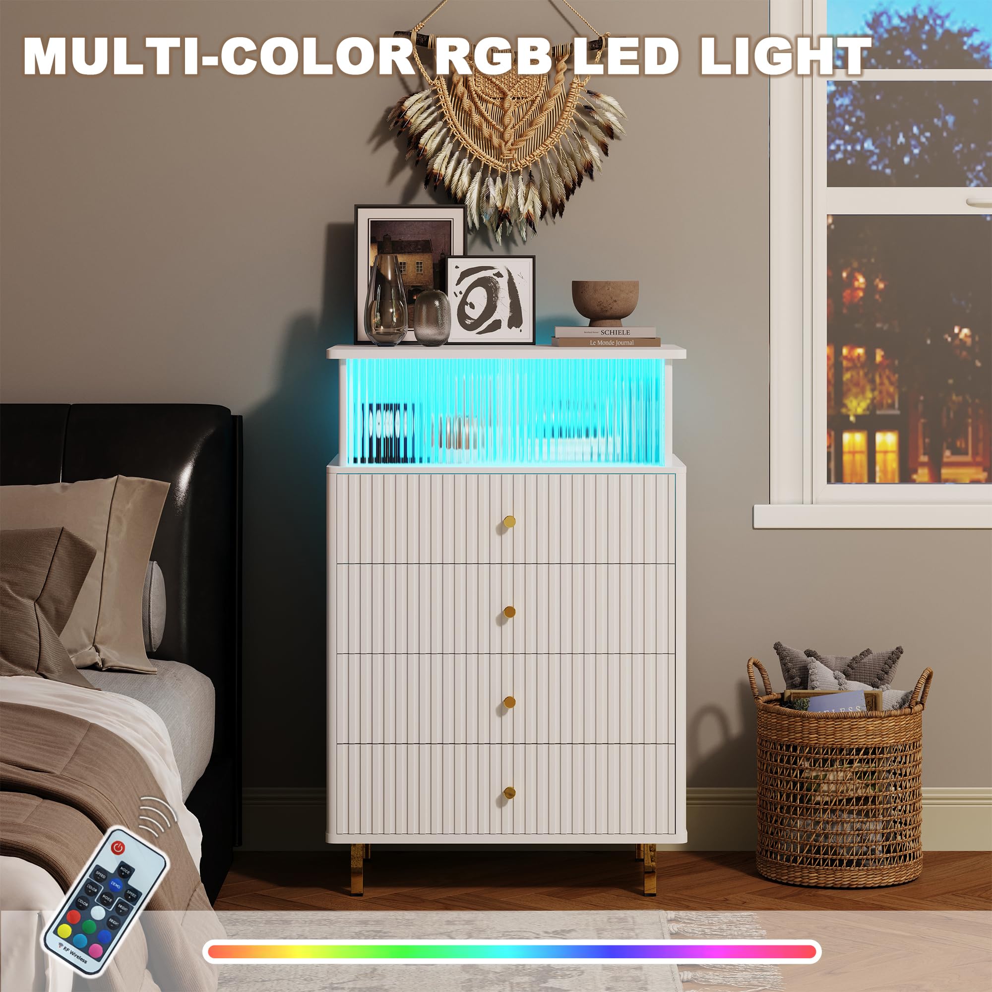 ChooChoo Dresser for Bedroom with Large Capacity, 4 Drawer Dresser with LED and Acrylic, Modern White and Gold Dresser Tall, Chest of Drawers with Storage Space for Hallway, Entryway (White) - Image 4