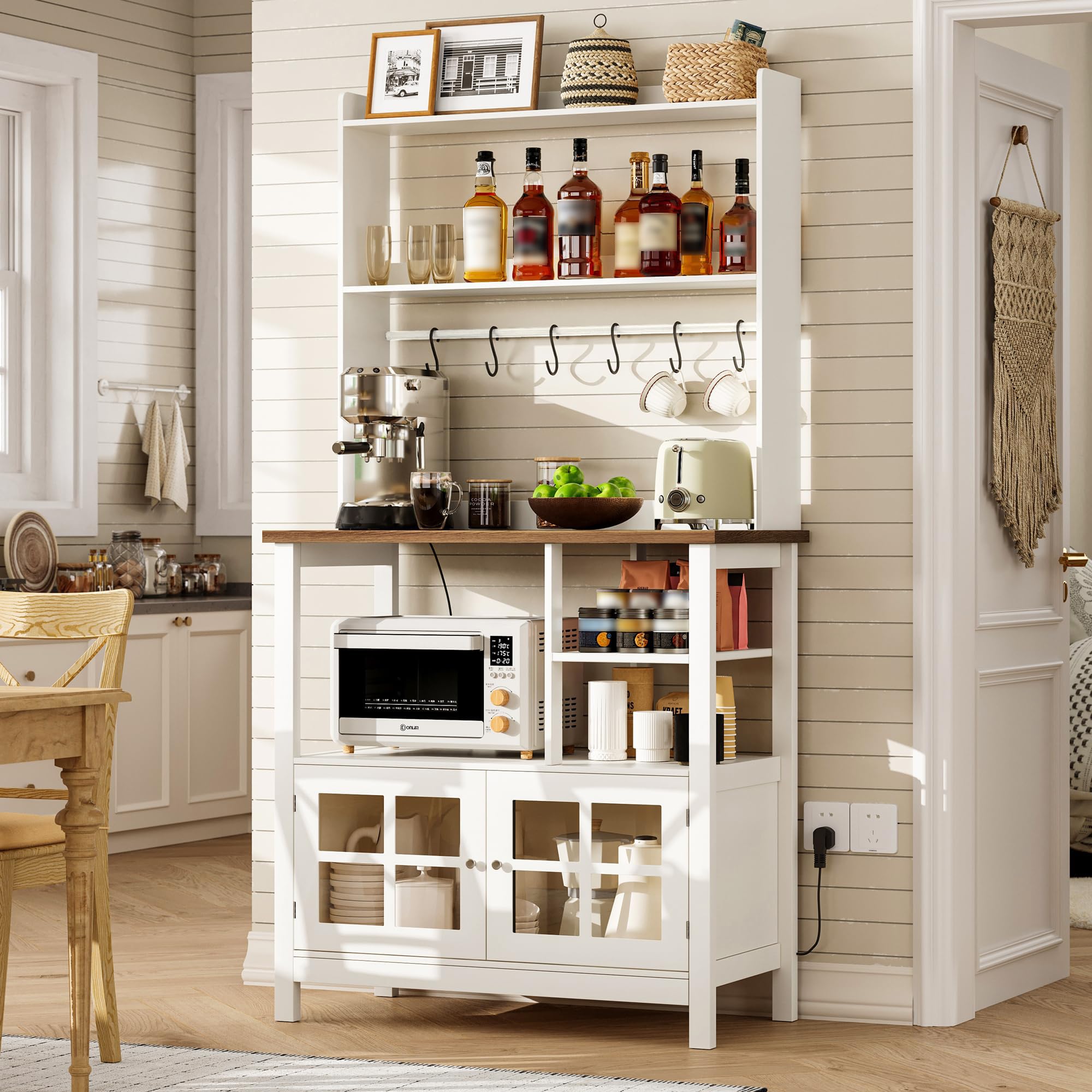 ChooChoo Farmhouse Bakers Rack with Power Outlets and Storage, Coffee Bar Cabinet with Storage, Microwave Stand Kitchen Cabinet with Hutch and 6 Hooks, Soft White & Brown - Image 3