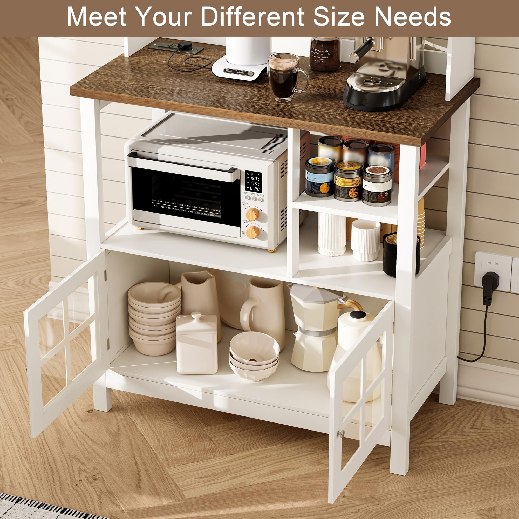 ChooChoo Farmhouse Bakers Rack with Power Outlets and Storage, Coffee Bar Cabinet with Storage, Microwave Stand Kitchen Cabinet with Hutch and 6 Hooks, Soft White & Brown - Image 4
