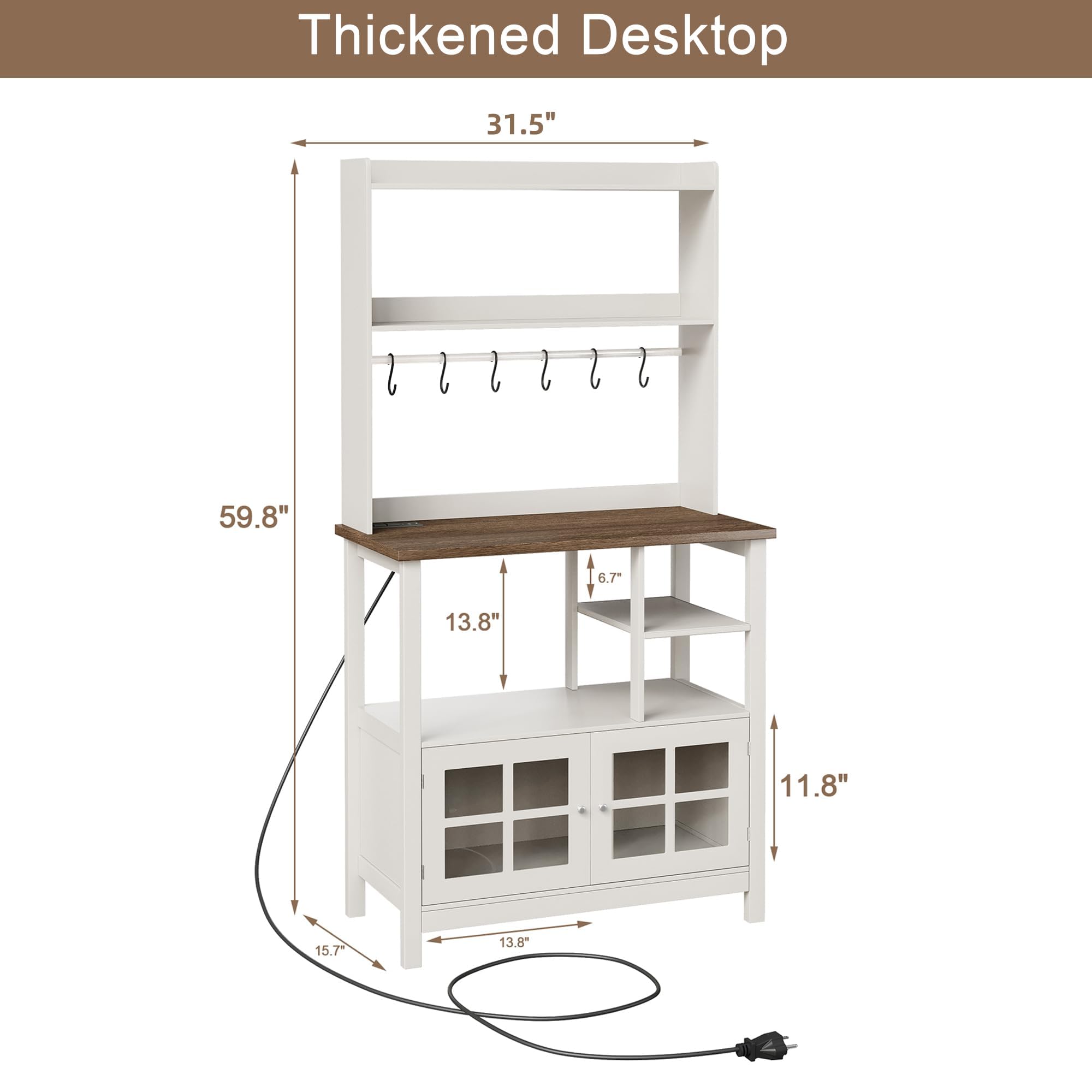 ChooChoo Farmhouse Bakers Rack with Power Outlets and Storage, Coffee Bar Cabinet with Storage, Microwave Stand Kitchen Cabinet with Hutch and 6 Hooks, Soft White & Brown - Image 6