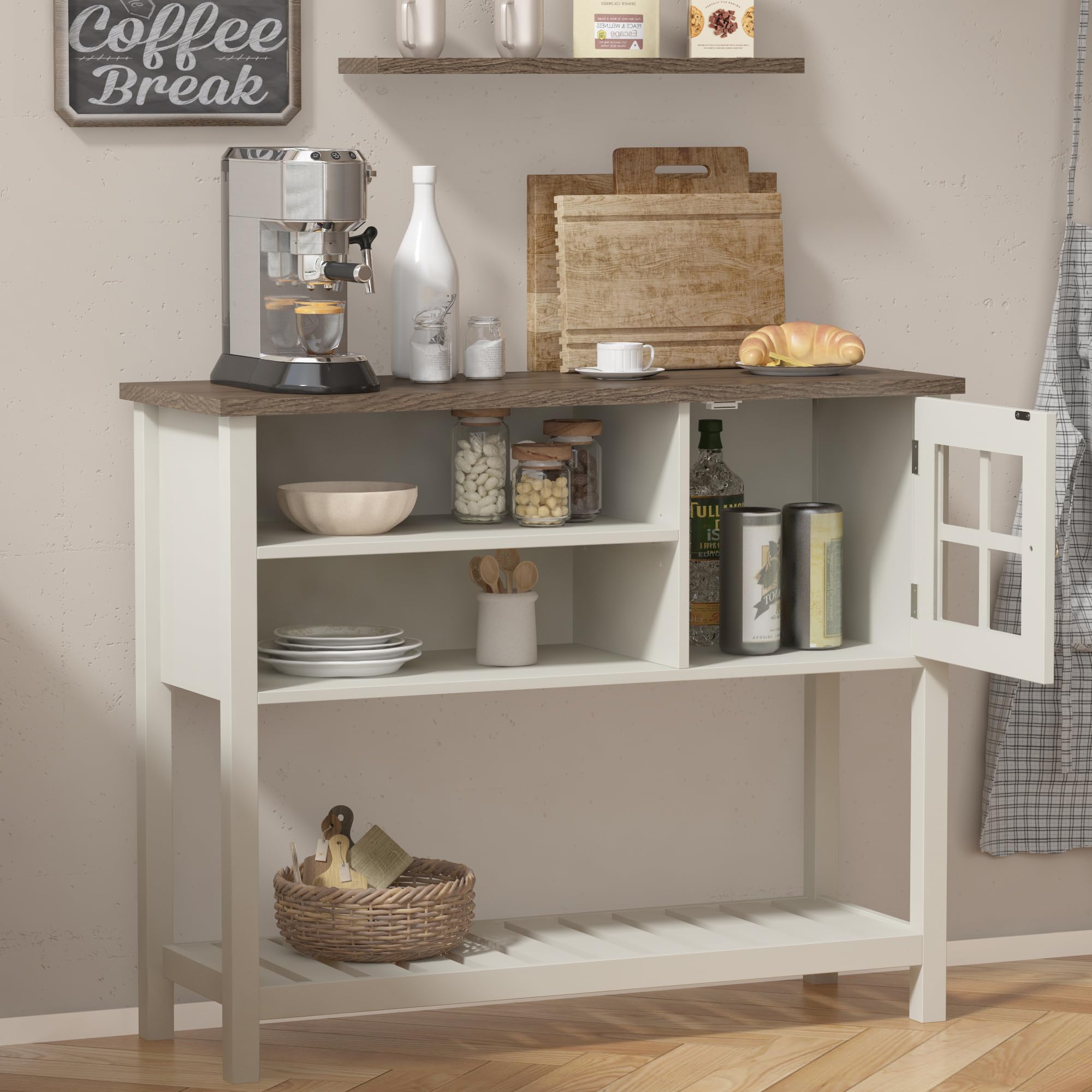 ChooChoo Farmhouse Coffee Bar Cabinet, Buffet Cabinet with Storage, Sideboard Buffet with Glass Door, Console Table for Kitchen, Hallway, Entrance, White - Image 3