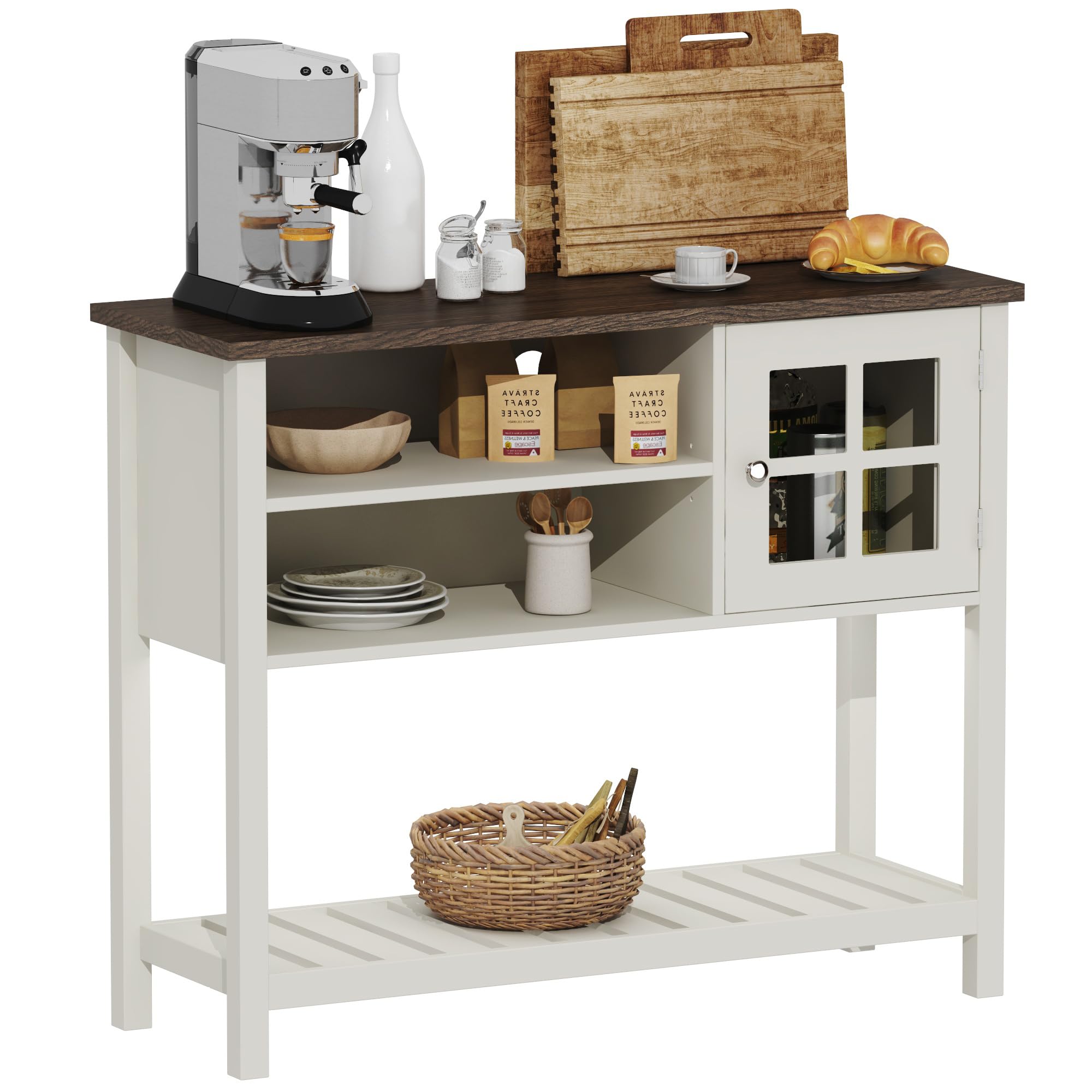 ChooChoo Farmhouse Coffee Bar Cabinet, Buffet Cabinet with Storage, Sideboard Buffet with Glass Door, Console Table for Kitchen, Hallway, Entrance, White - Image 7