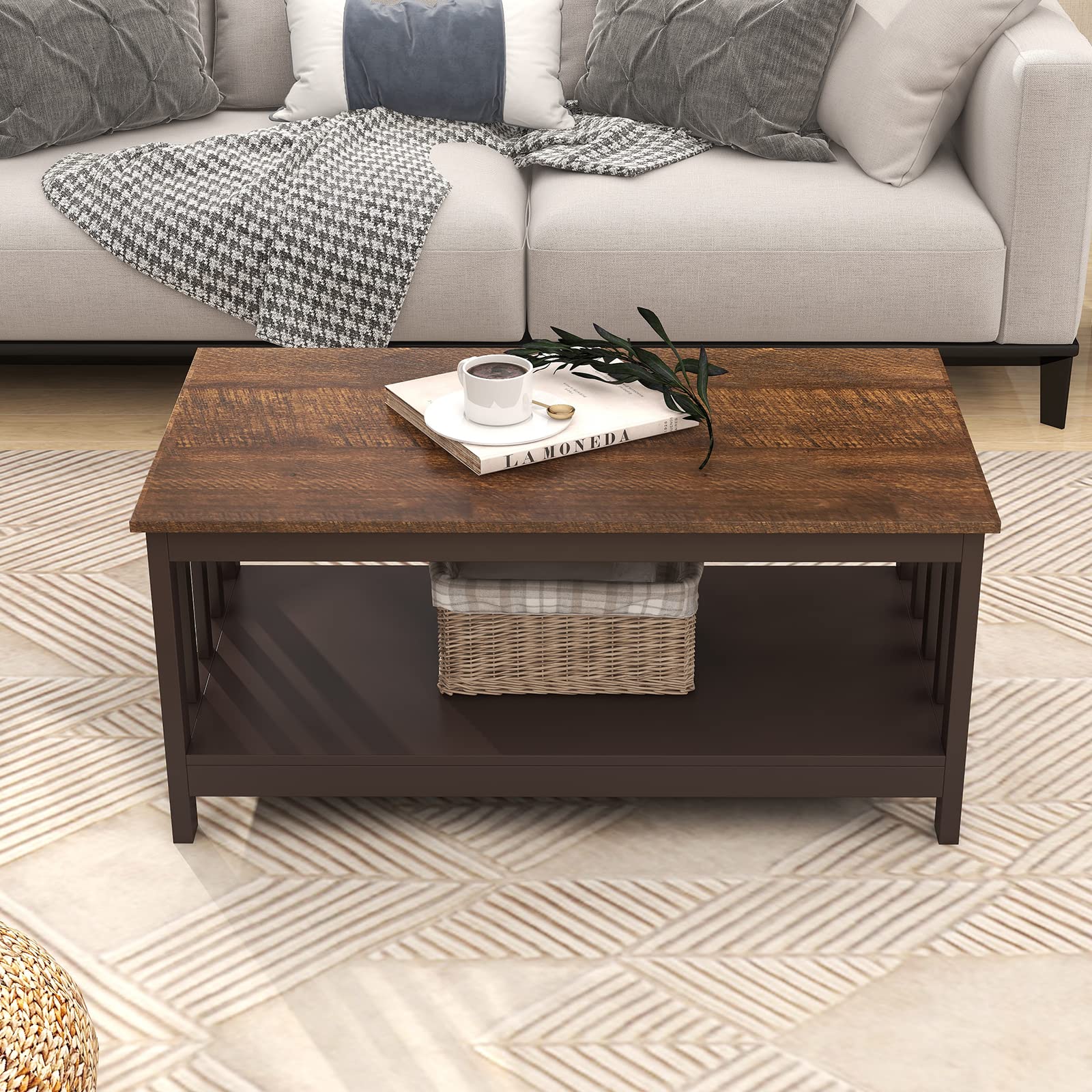 ChooChoo Farmhouse Coffee Table, Espresso Living Room Table with Shelf, 40 Inch - Image 7