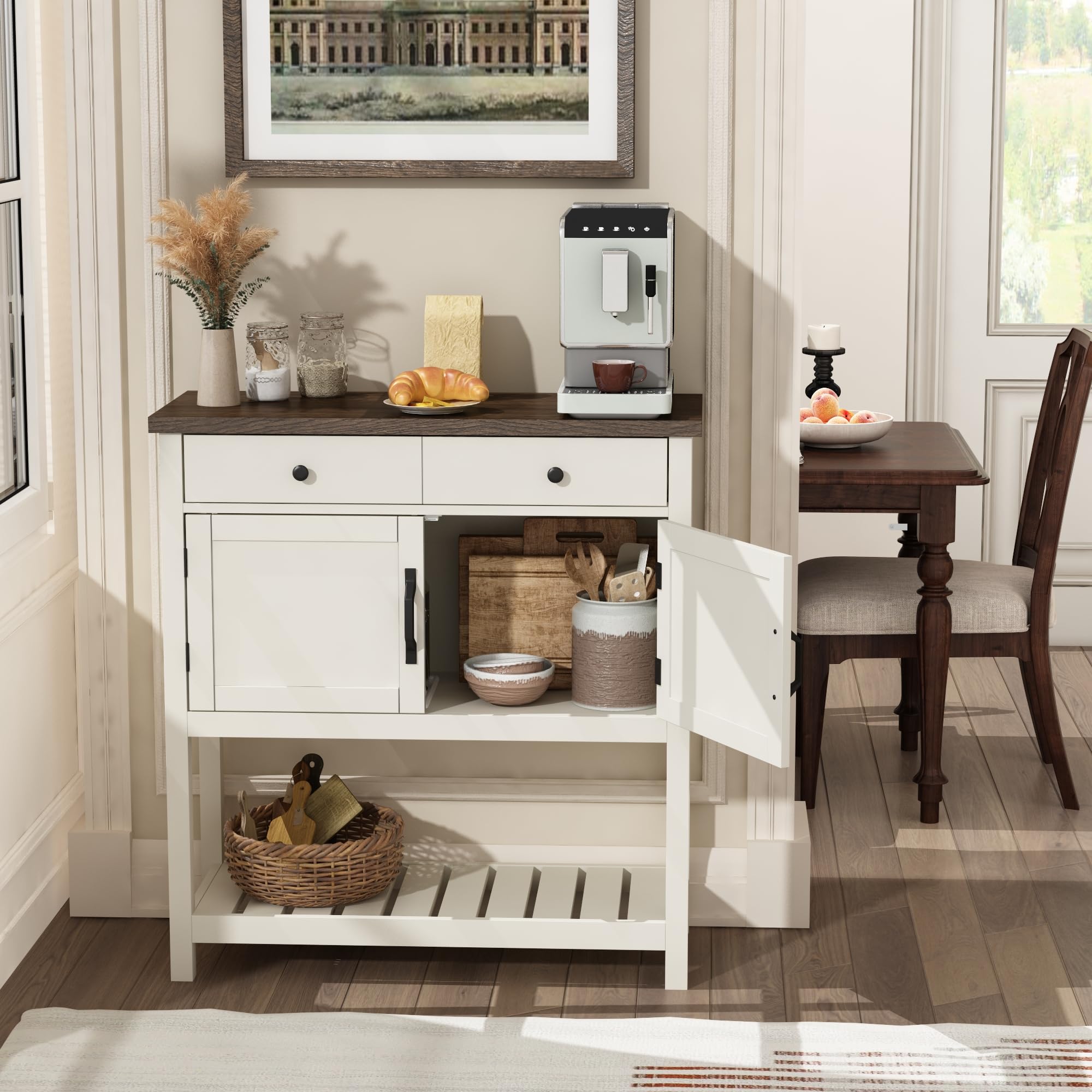 ChooChoo Farmhouse Console Table, Entryway Table with Storage Shelf, Coffee Bar Cabinet, Narrow Buffet Sideboard for Kitchen, Hallway, Living Room, White - Image 4