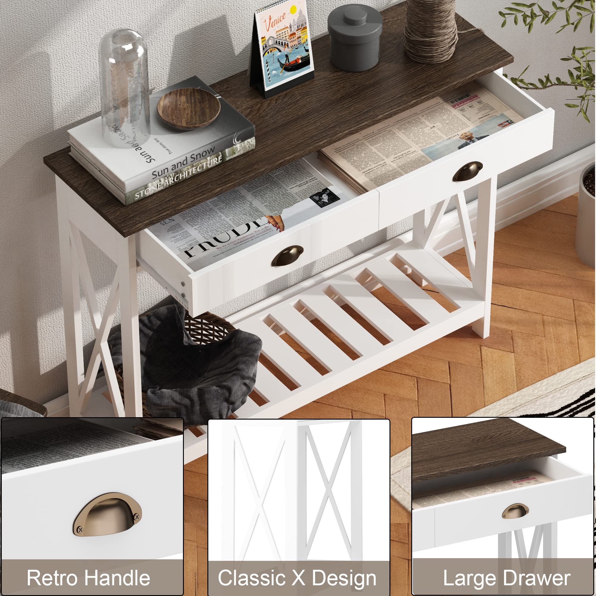 ChooChoo Farmhouse Console Table with Drawer for Entryway, Narrow Long Entry Table with Shelf for Living Room, Rustic Vintage Hallway Sofa Table with Stable X Supports, 40 White - Image 3