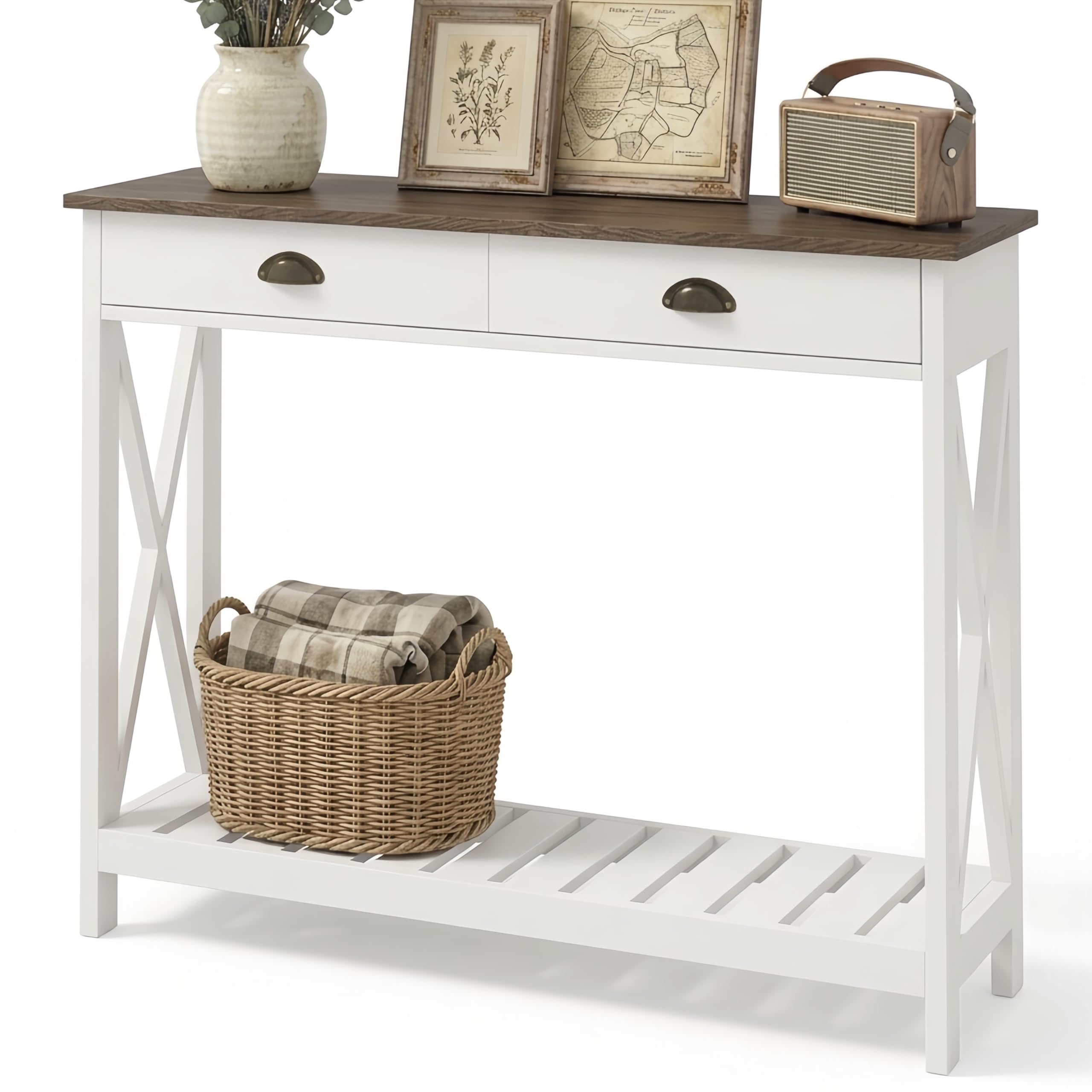 ChooChoo Farmhouse Console Table with Drawer for Entryway, Narrow Long Entry Table with Shelf for Living Room, Rustic Vintage Hallway Sofa Table with Stable X Supports, 40 White - Image 7