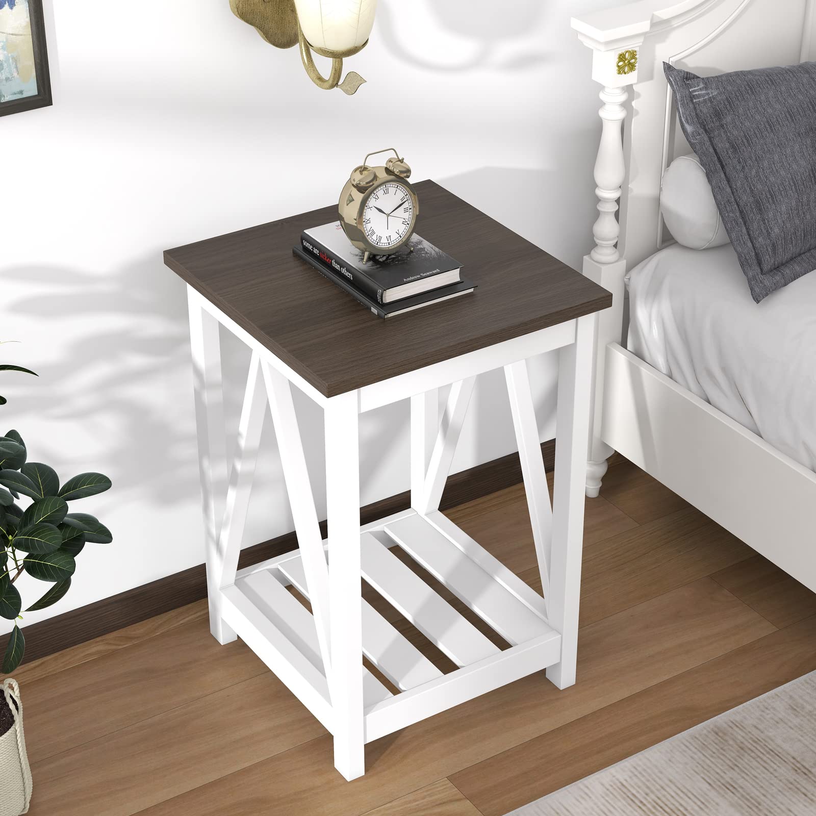 ChooChoo Farmhouse End Table, Rustic Vintage End Side Table with Storage Shelf for Small Spaces, Nightstand Sofa Table for Living Room, Bedroom White 2 Pack - Image 4