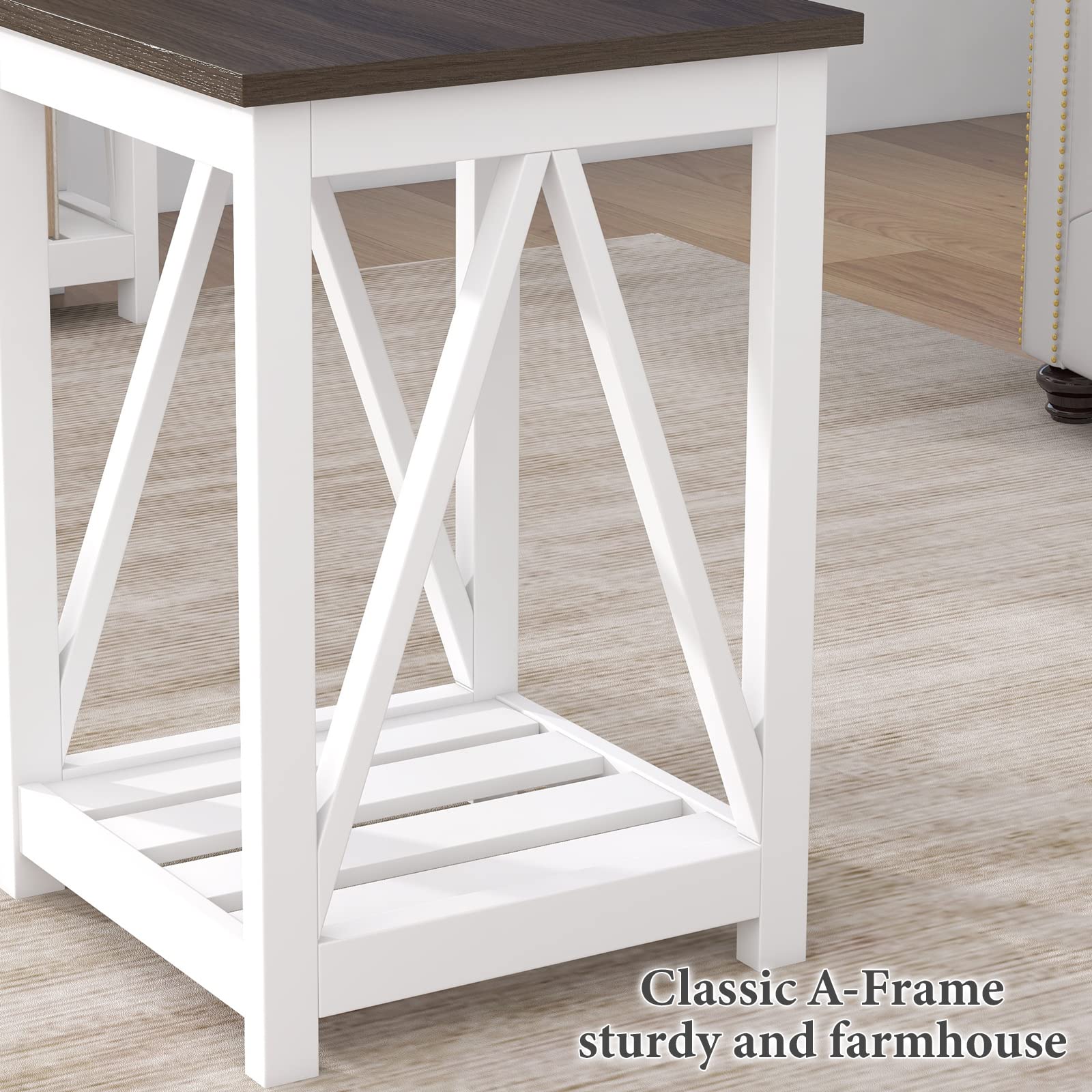 ChooChoo Farmhouse End Table, Rustic Vintage End Side Table with Storage Shelf for Small Spaces, Nightstand Sofa Table for Living Room, Bedroom White 2 Pack - Image 9