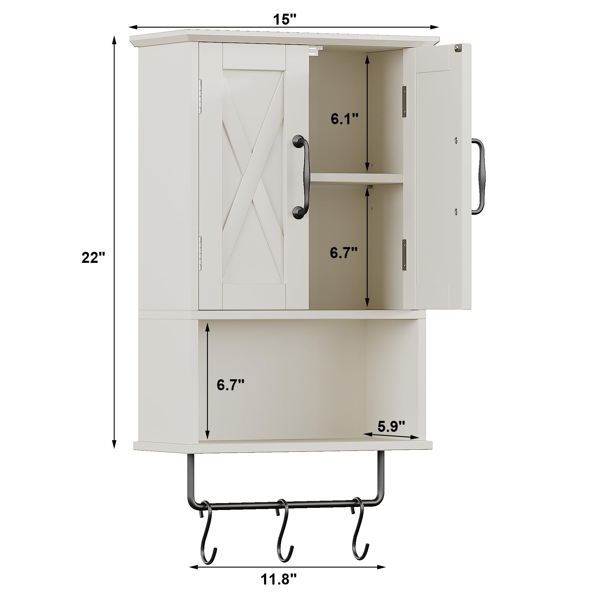 ChooChoo Farmhouse Medicine Cabinet, Bathroom Wall Cabinet with Adjustable Shelf, Towel Bar, 3 Hooks, Over The Toilet Storage Cabinet for Bathroom, Kitchen, White - Image 3