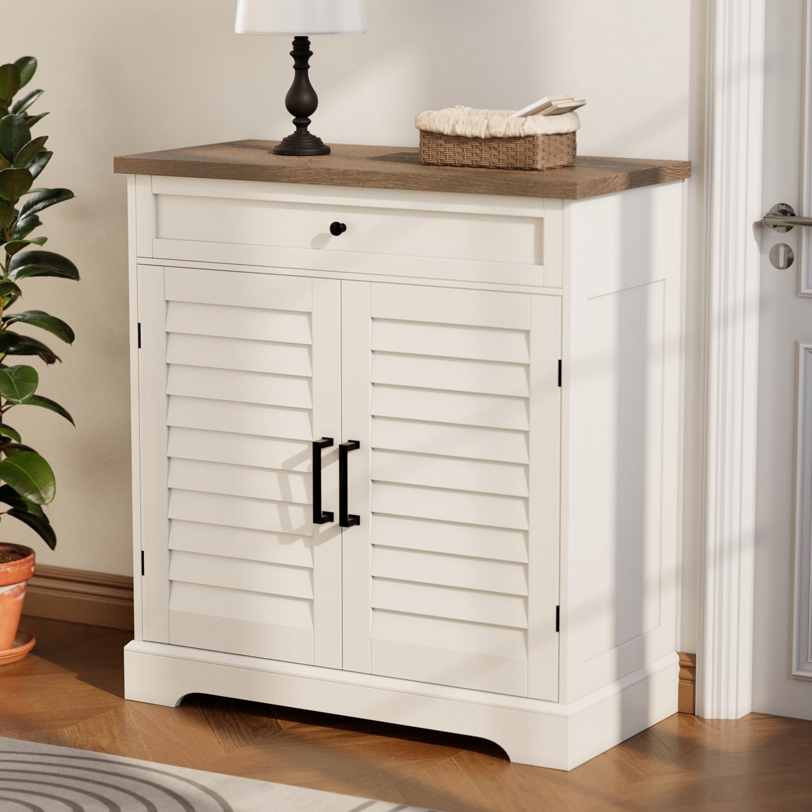 ChooChoo Farmhouse Shoe Cabinet with Doors, 4-Tier Shoe Storage Cabinet with Drawer and Shelves, Wooden Shoe Rack Organizer for Entryway, Hallway, Closet, White - Image 3