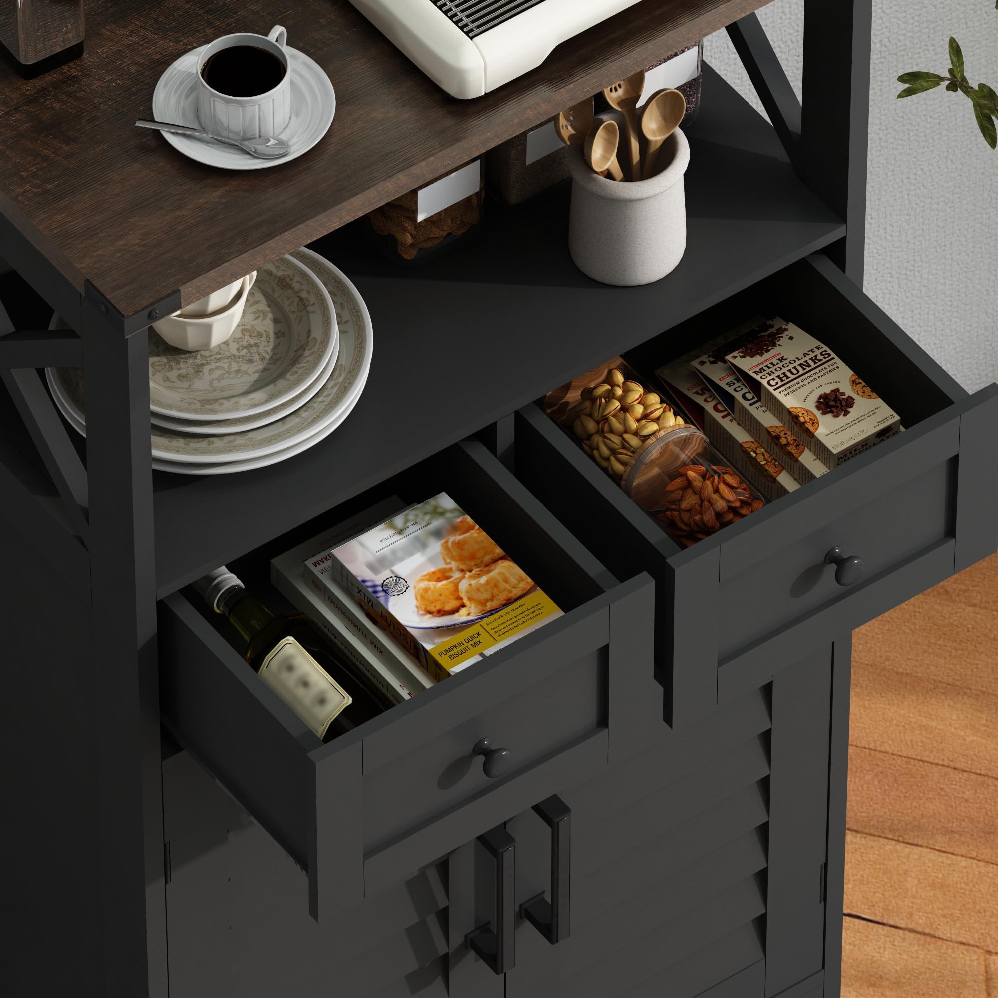 ChooChoo Farmhouse Storage Cabinet, Bathroom Floor Cabinet with Doors and Drawers, Kitchen Pantry Cabinet for Living Room, Laundry, Black - Image 3