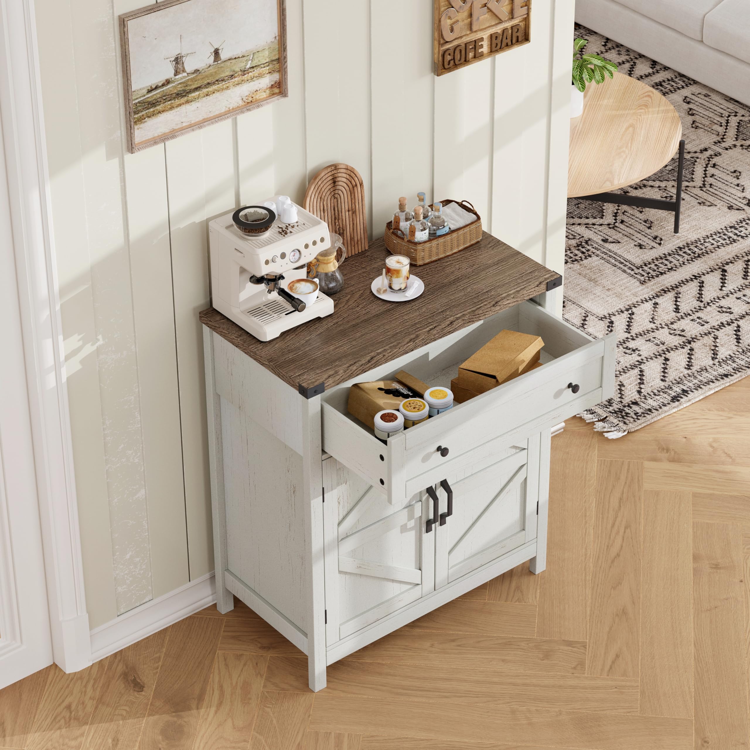 ChooChoo Kitchen Storage Cabinet, Coffee Bar Cabinet, Farmhouse Buffet Sideboard with Drawer for Kitchen, Living Room, White - Image 4