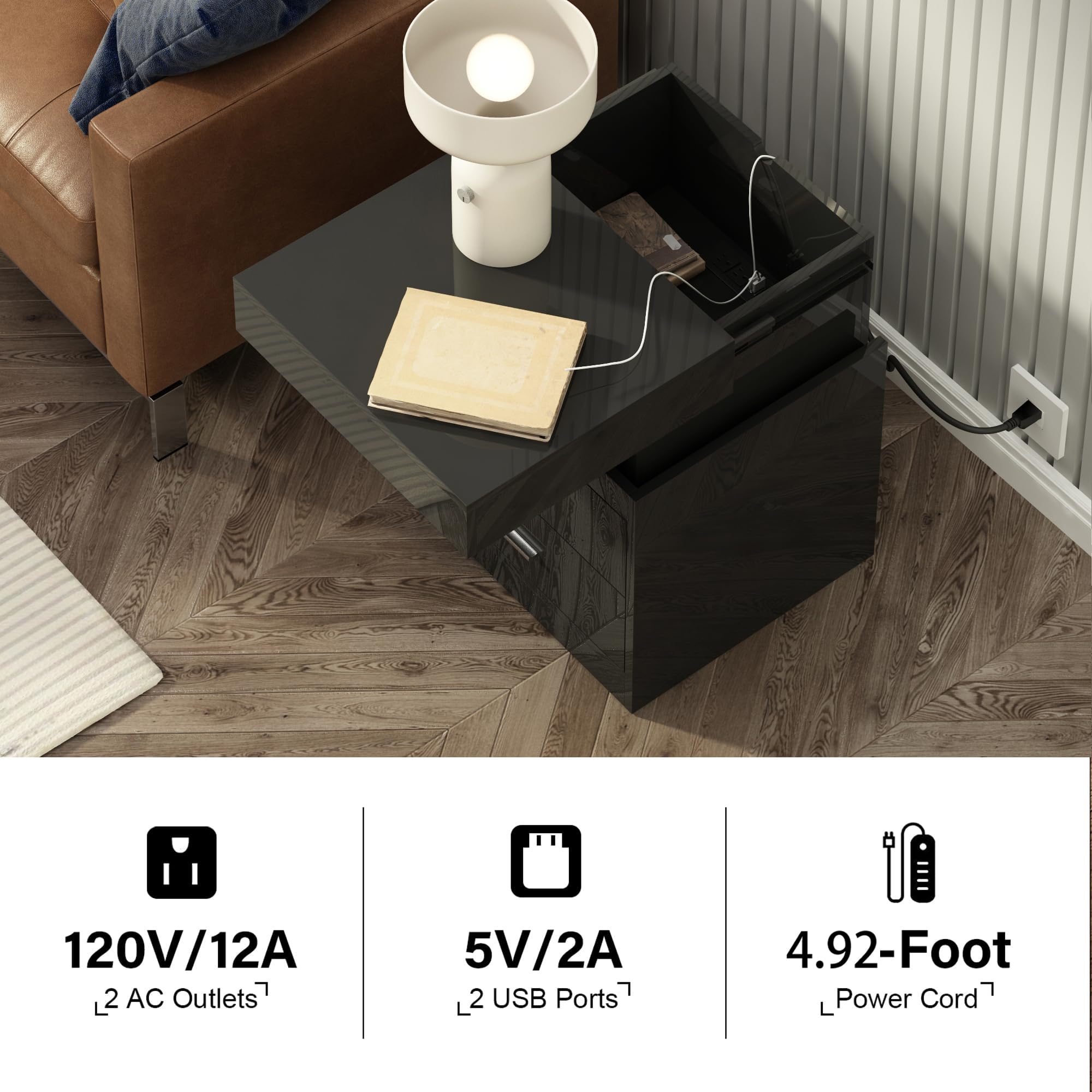 ChooChoo LED Nightstand with Charging Station,Smart Night Stand with Sliding Top Storage, 2-Drawers High Gloss Bedside Table, Modern End Table for Bedroom,Black - Image 3