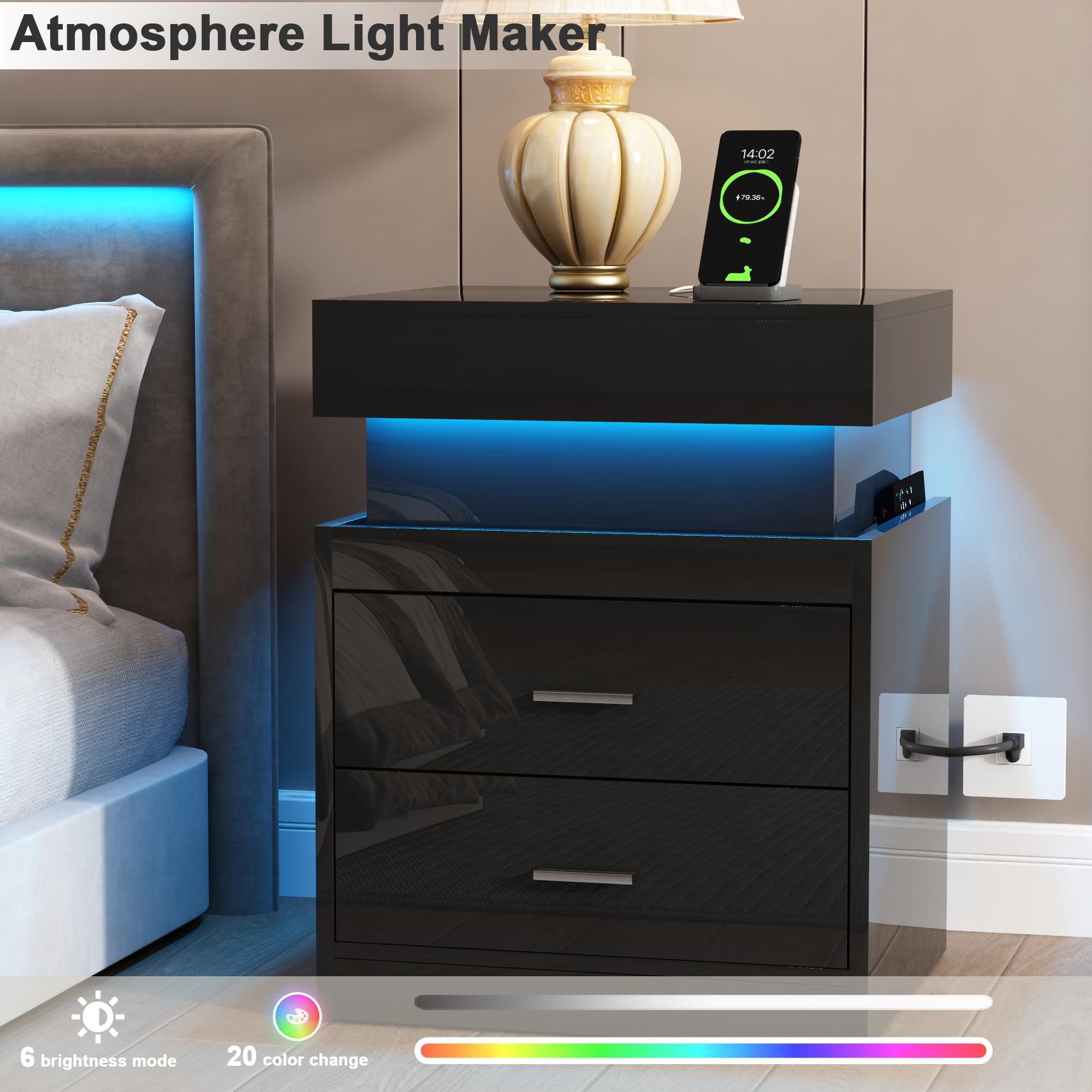 ChooChoo LED Nightstand with Charging Station,Smart Night Stand with Sliding Top Storage, 2-Drawers High Gloss Bedside Table, Modern End Table for Bedroom,Black - Image 4