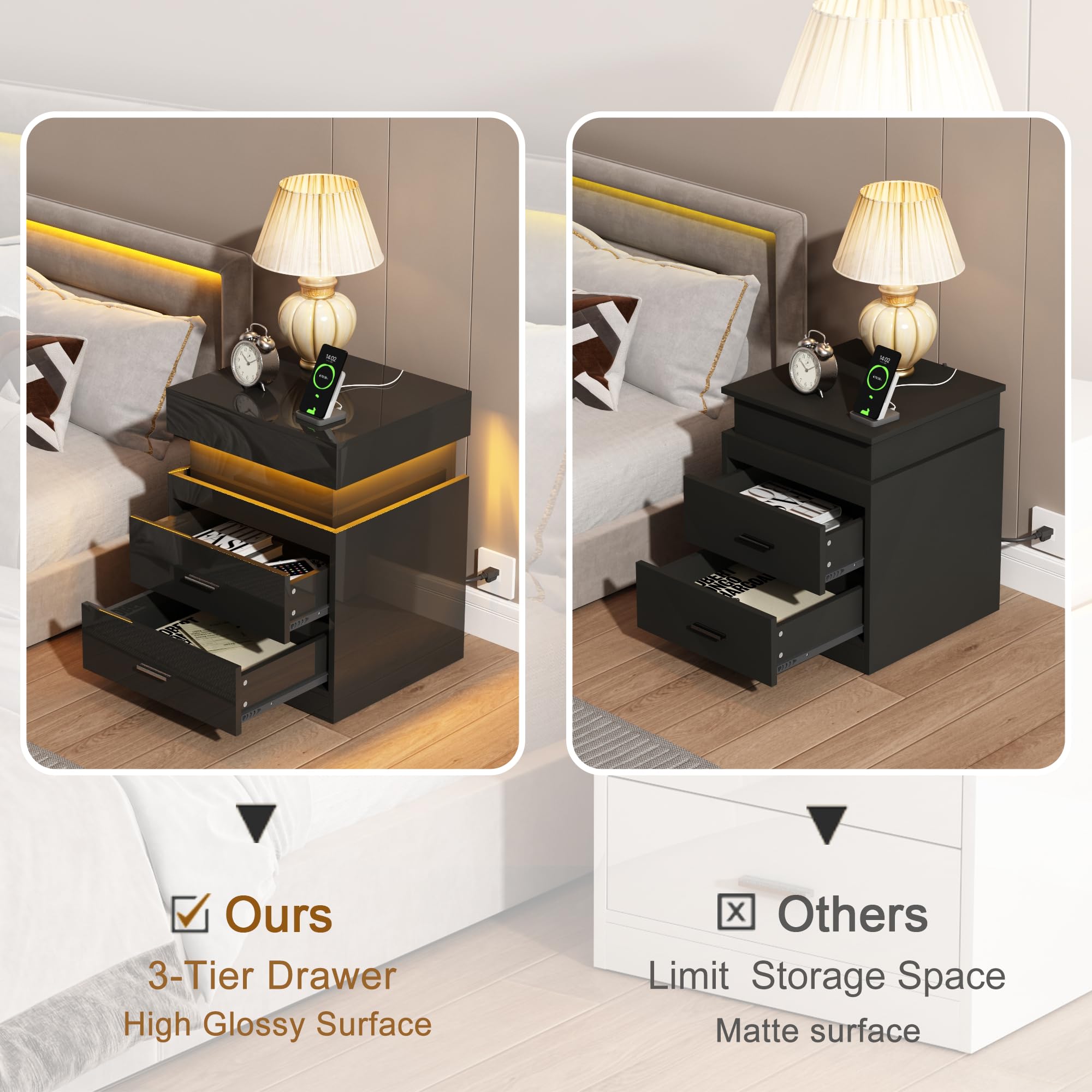 ChooChoo LED Nightstand with Charging Station,Smart Night Stand with Sliding Top Storage, 2-Drawers High Gloss Bedside Table, Modern End Table for Bedroom,Black - Image 5