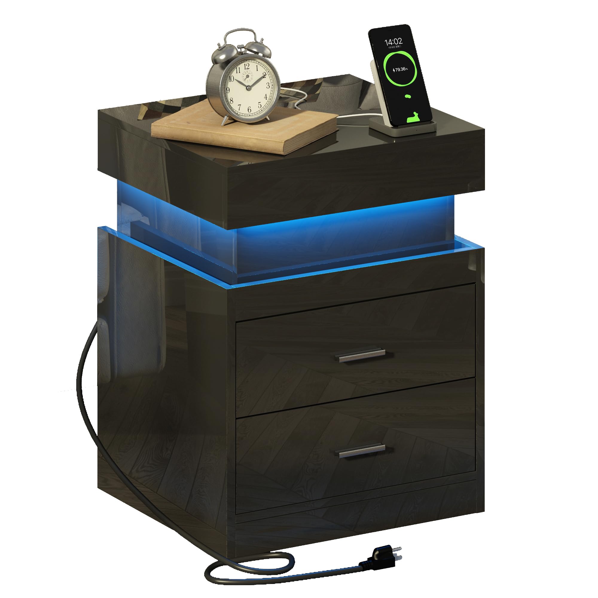 ChooChoo LED Nightstand with Charging Station,Smart Night Stand with Sliding Top Storage, 2-Drawers High Gloss Bedside Table, Modern End Table for Bedroom,Black - Image 8