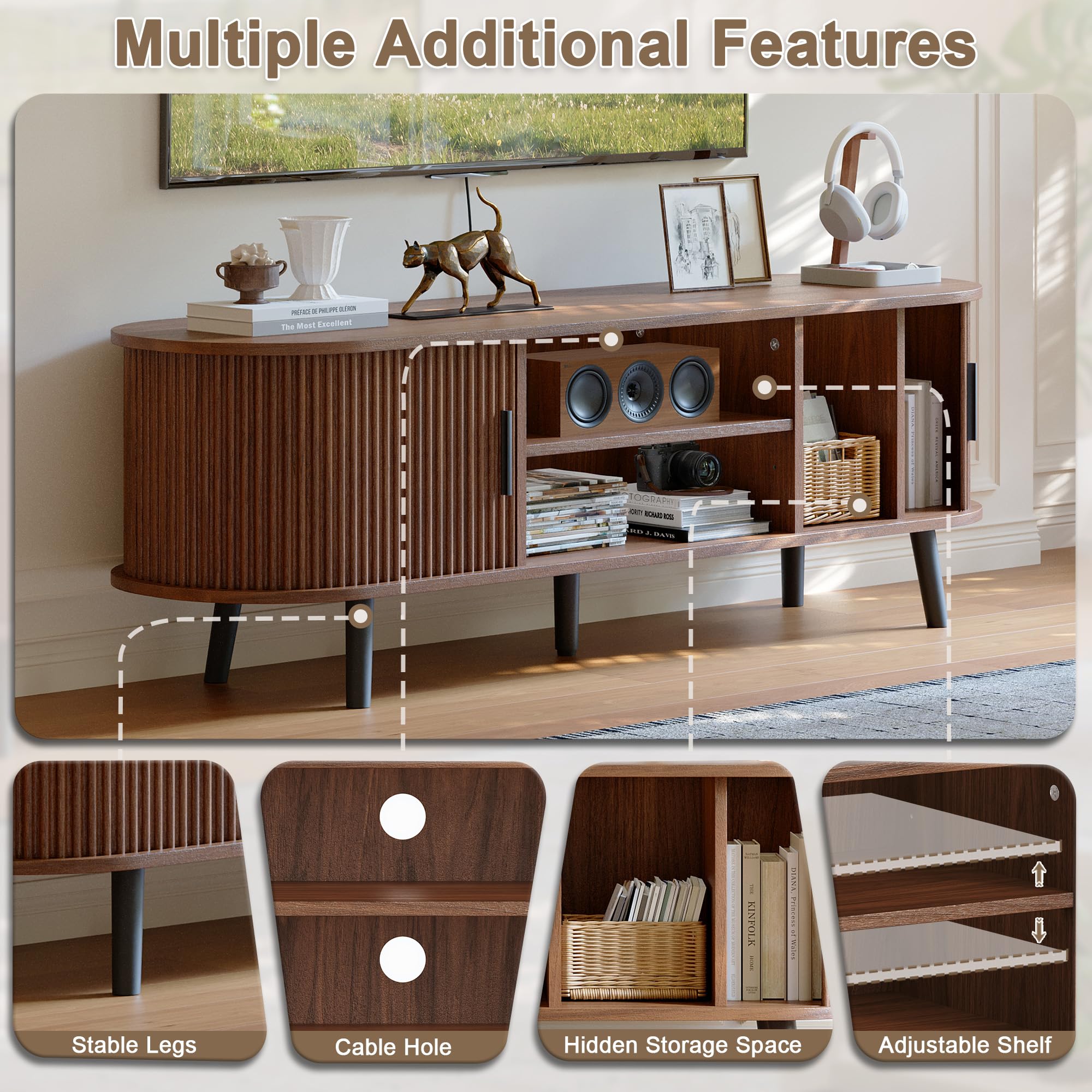 ChooChoo Mid Century Modern TV Stand for TVs up to 60 Inch, Entertainment Center with Fluted Sliding Doors and Hidden Storage, TV Console with Adjustable Shelf for Living Room, Bedroom, Walnut - Image 3