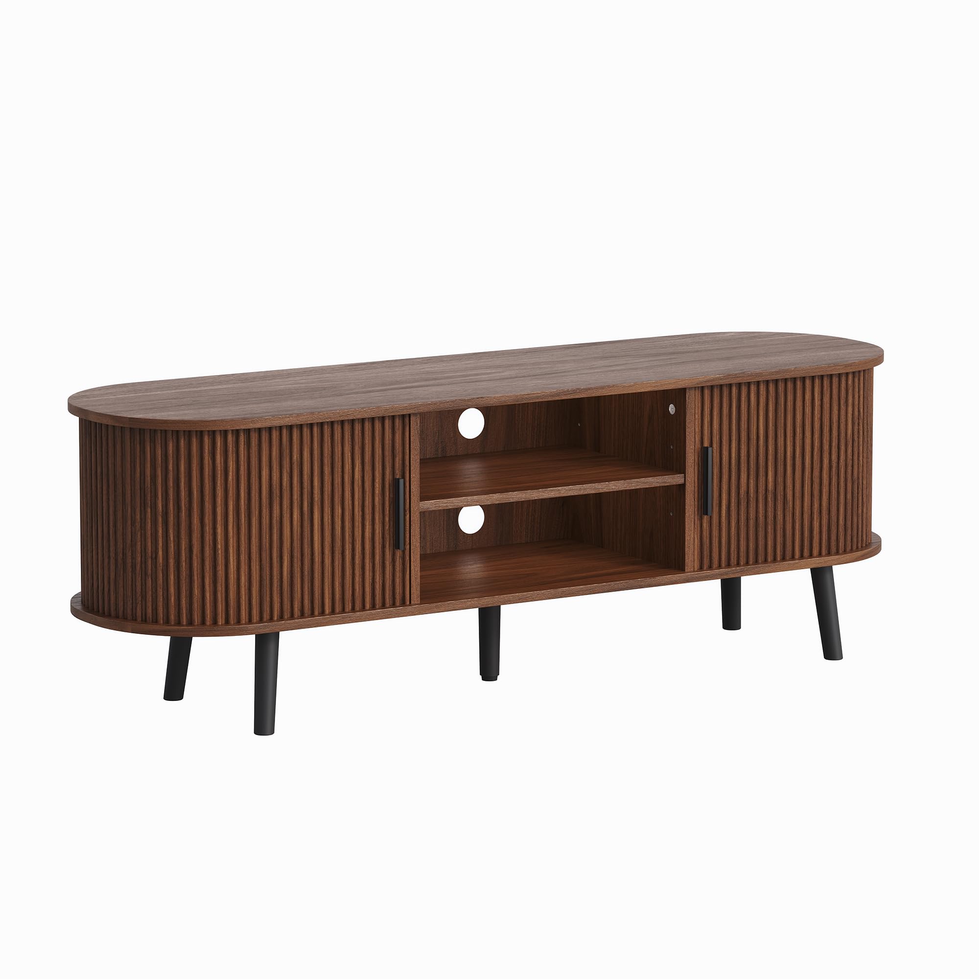 ChooChoo Mid Century Modern TV Stand for TVs up to 60 Inch, Entertainment Center with Fluted Sliding Doors and Hidden Storage, TV Console with Adjustable Shelf for Living Room, Bedroom, Walnut - Image 9