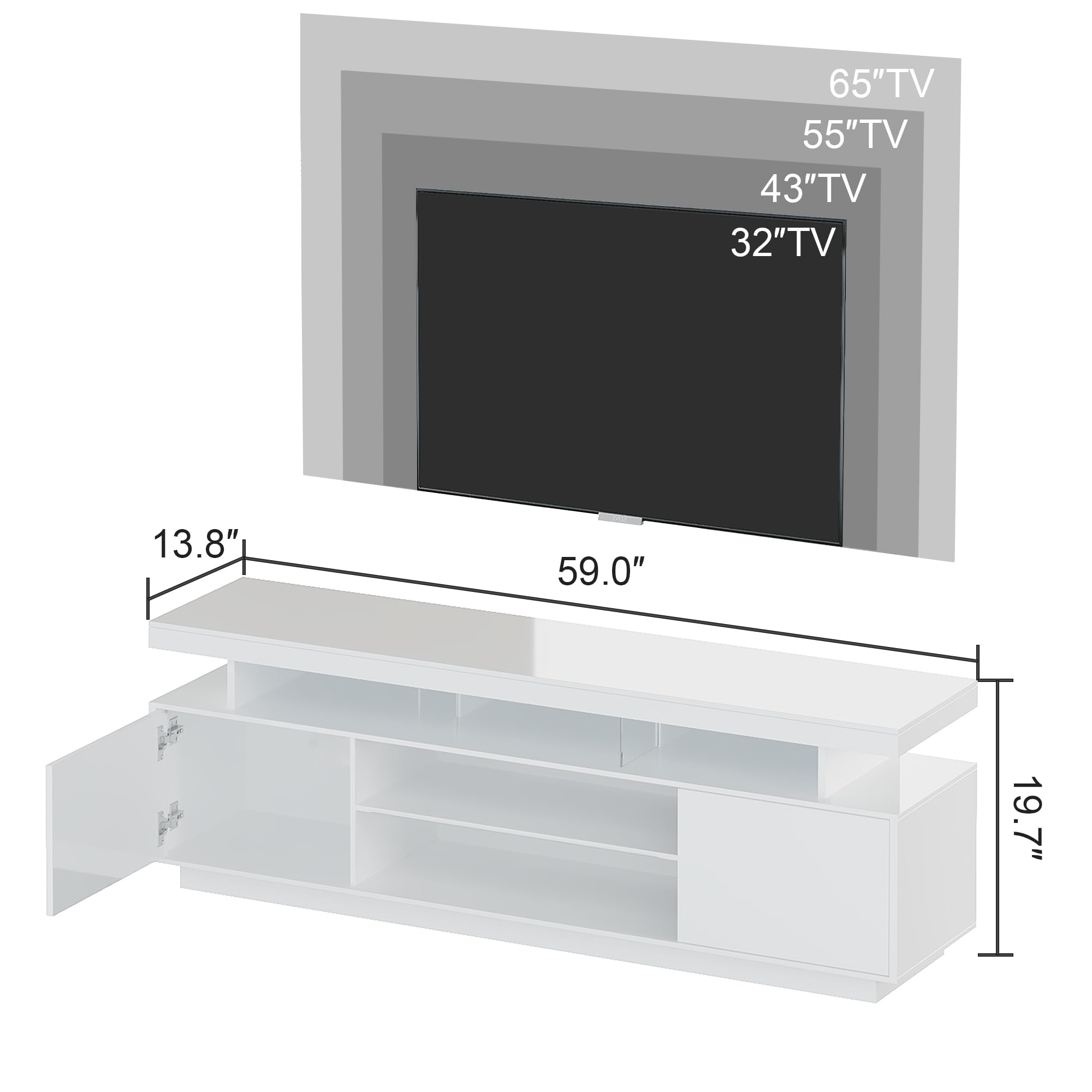 ChooChoo Modern LED TV Stand for 50/55/60/65 Inch TV, High Glossy Entertainment Center with 2 Storage Cabinets, Media Console with 5 Open Shelves for Living Room, Bedroom, White - Image 3