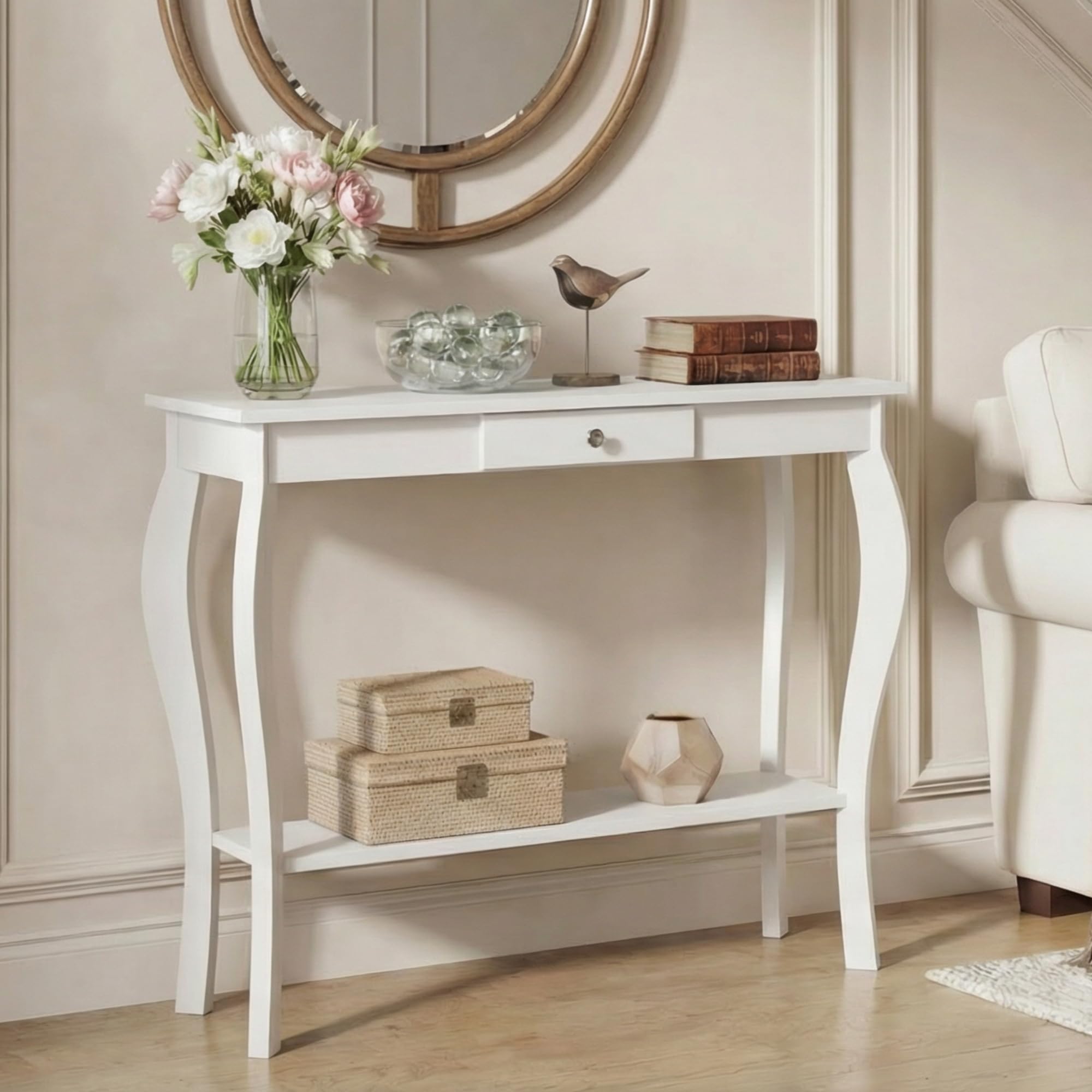 ChooChoo Narrow Console Table with Drawer, Chic Accent Sofa Table, Entryway Table, 39.3 Inch, White - Image 4