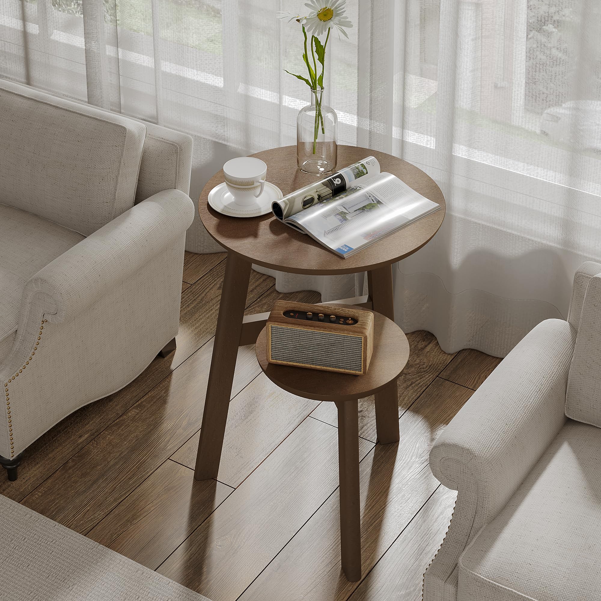 ChooChoo Round End Table for Small Spaces, Narrow Side Table, Accent Table Night Stand with 2 Tier Shelf for Bedroom and Living Room, Walnut - Image 4