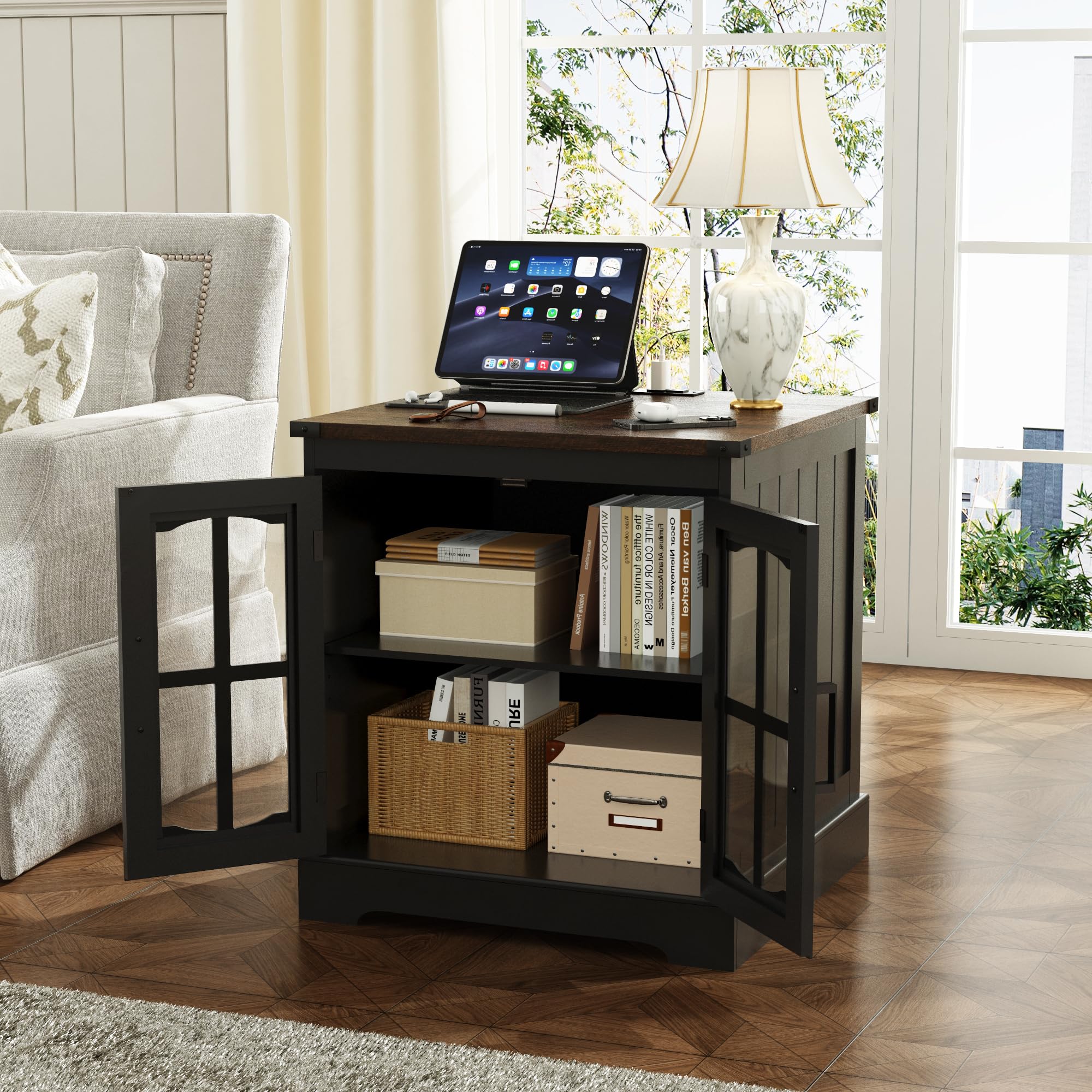 ChooChoo Rustic End Table, 24" Large Sofa Side Table with Charging Station & LED Light, Black Nightstand with Adjustable Storage Shelf, Square Bedside Table for Living Room, Bedroom, Office - Image 8