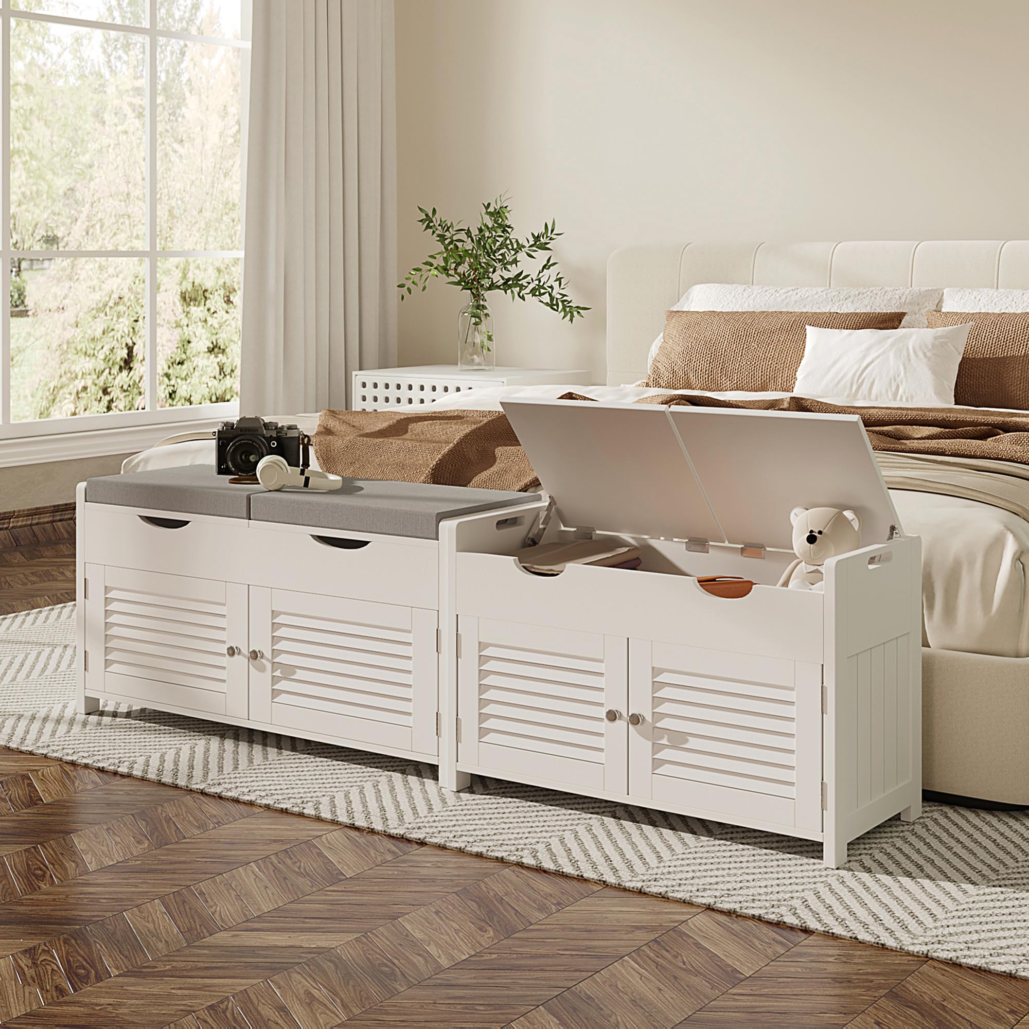 ChooChoo Shoe Storage Bench with Lift Top Storage, Entryway Bench with 2 Cushioned Seats, 3 Compartments, Adjustable Shelf, Shoe Cabinet for Entryway, Bedroom, Living Room, White - Image 5