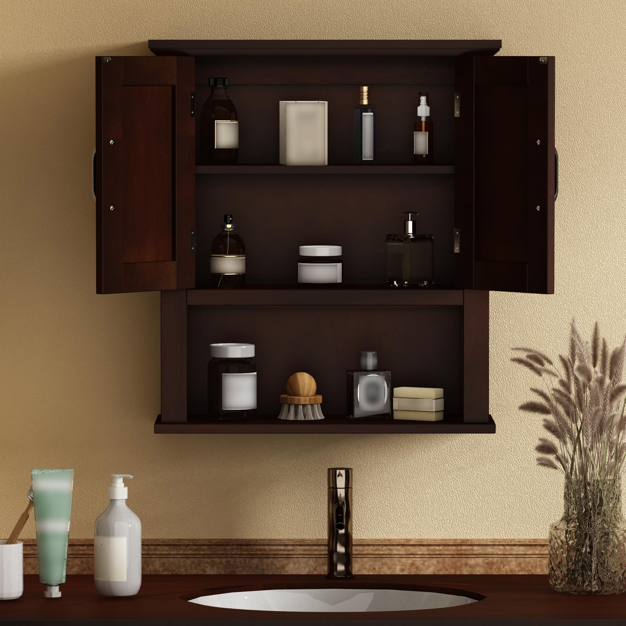 ChooChoo Wood Wall Cabinet with Doors, Medicine Cabinet with Adjustable Shelves Over The Toilet, Rustic Cabinet Wall Mounted for Bathroom, Kitchen, Living Room, Dark Cherry - Image 6